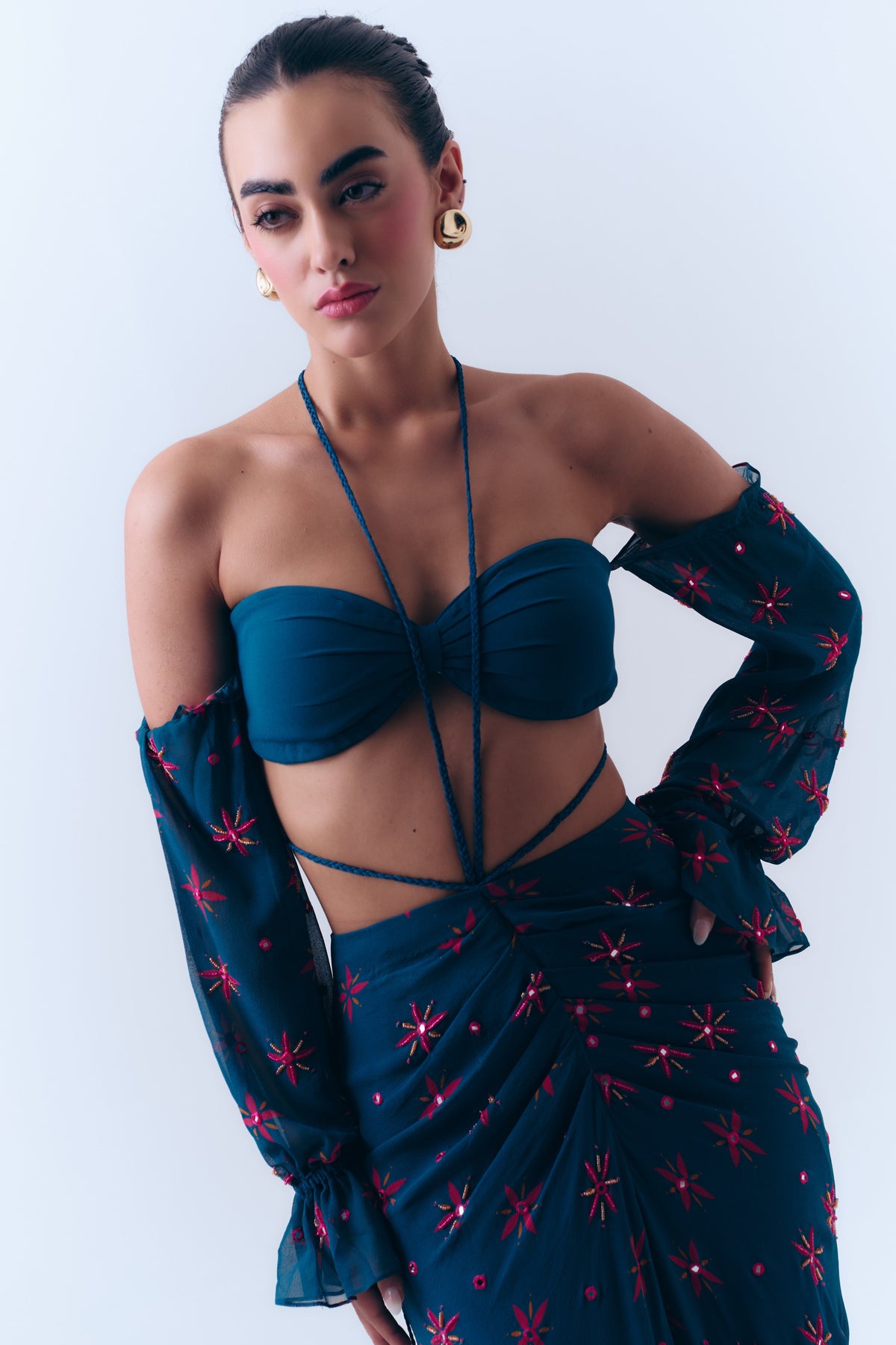 Midnight Ties Mirror Beaded Drape Skirt in Silk Georgette