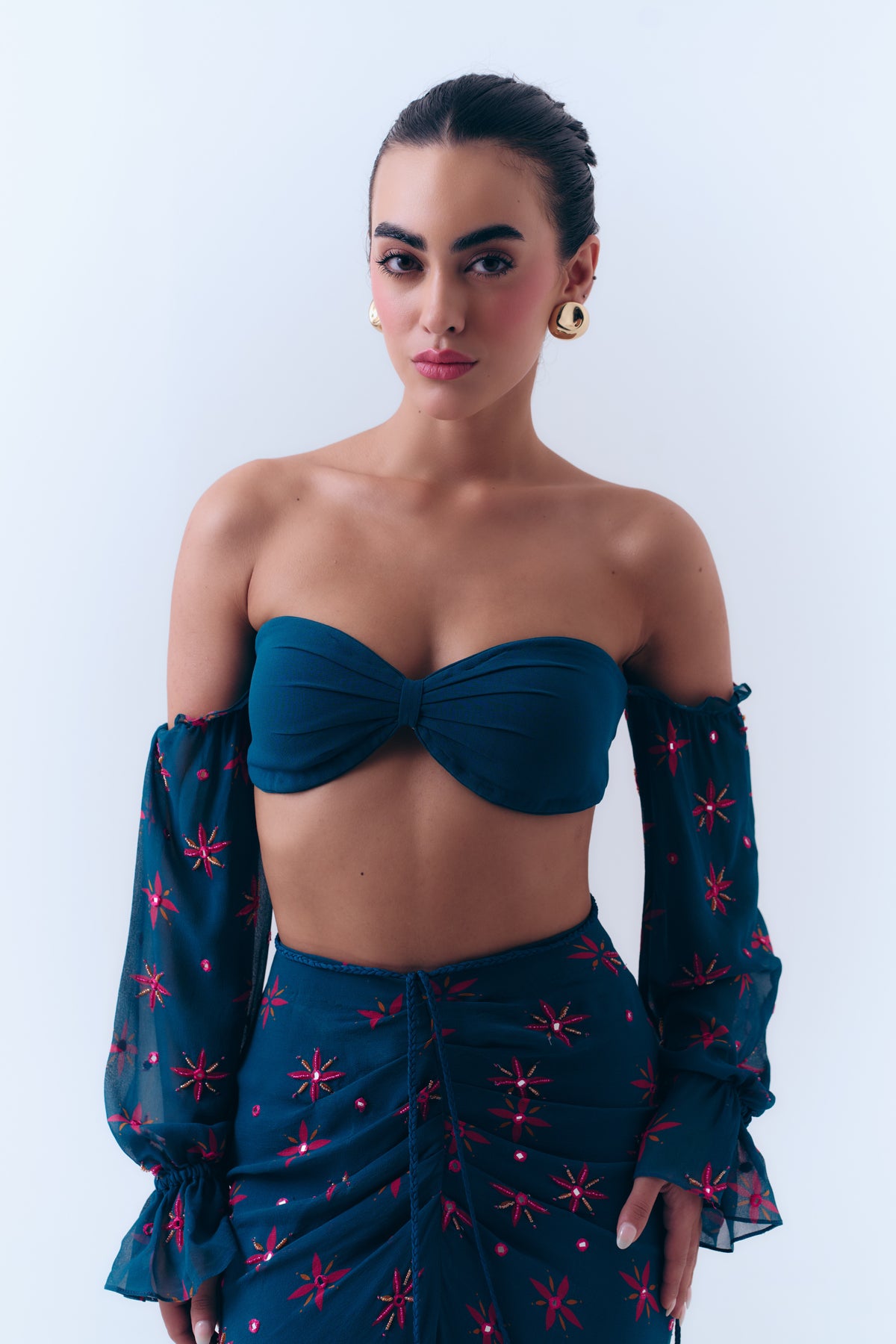 Midnight Stars Mirror Beaded Strapless Bra Top in Silk Georgette