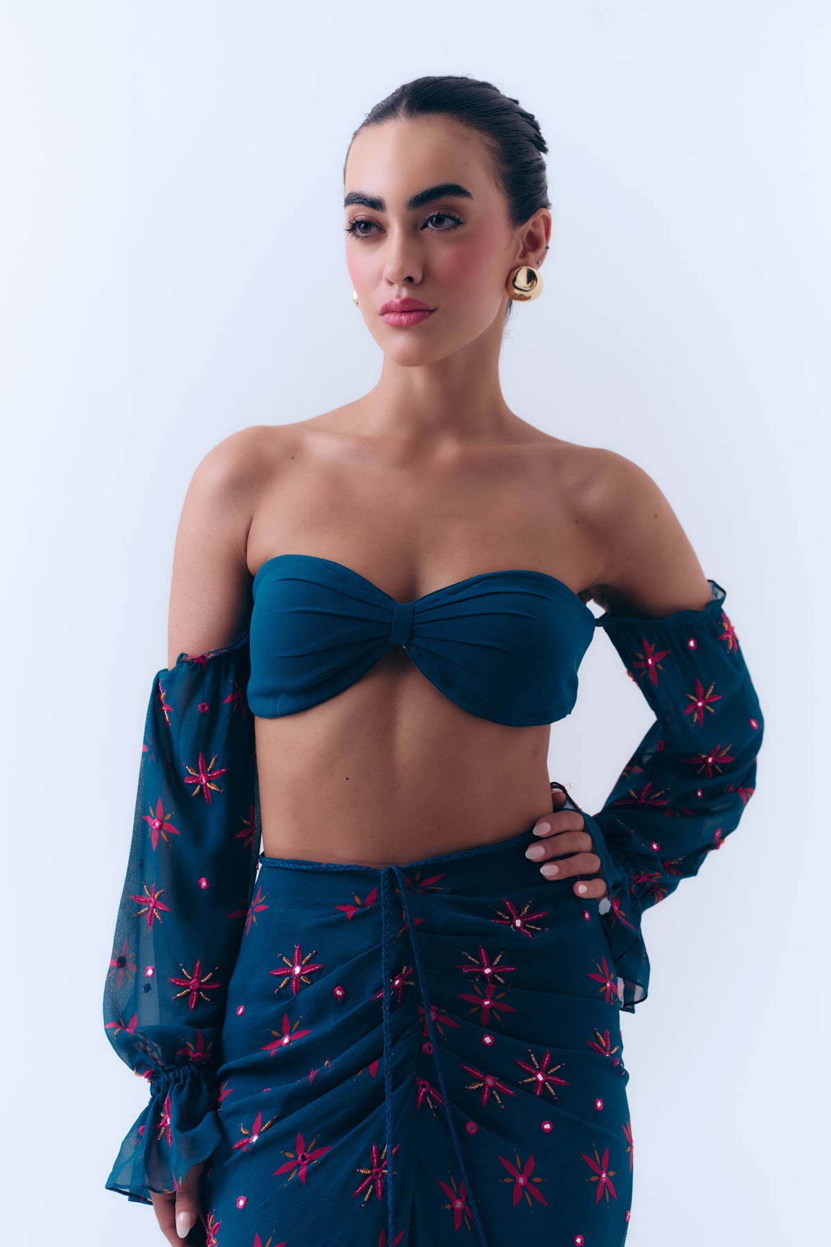 Midnight Stars Mirror Beaded Strapless Bra Top in Silk Georgette