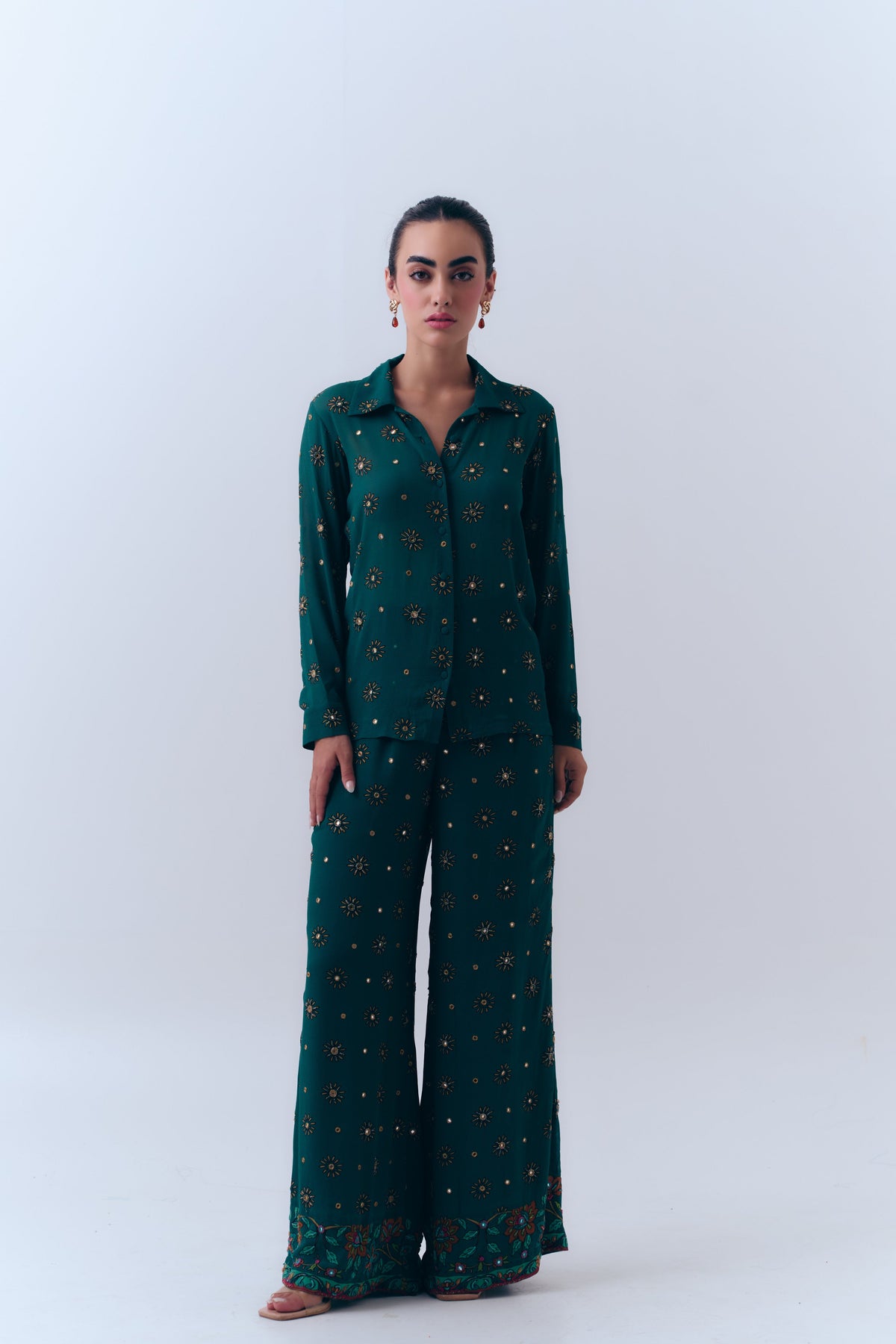 Sunbloom Silk Georgette Mirror Embroidered Wide Leg Pants