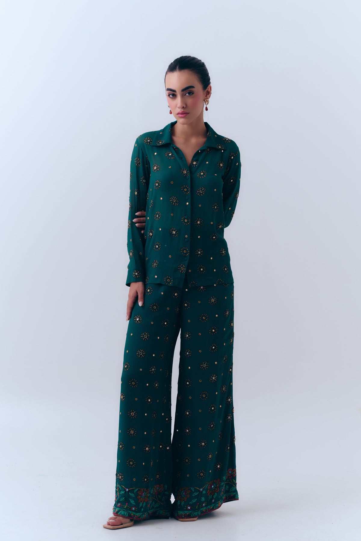 Sunbloom Silk Georgette Mirror Embroidered Wide Leg Pants