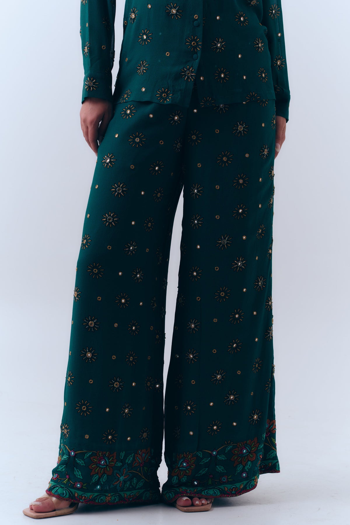 Sunbloom Silk Georgette Mirror Embroidered Wide Leg Pants