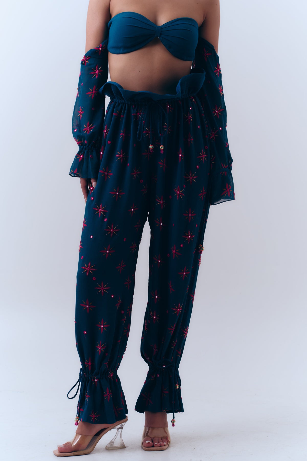 Midnight Stars Mirror Beaded Balloon Pants in Silk Georgette