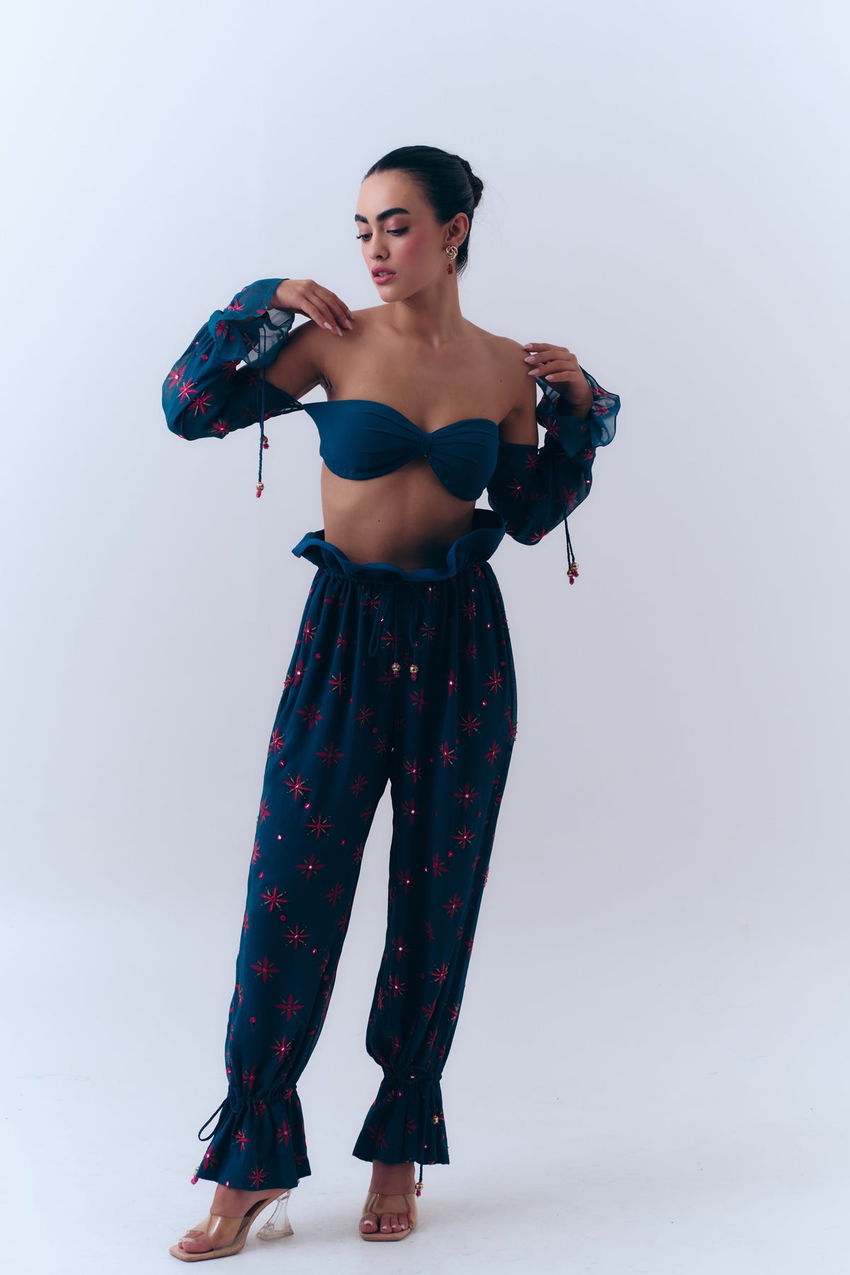 Midnight Stars Mirror Beaded Balloon Pants in Silk Georgette