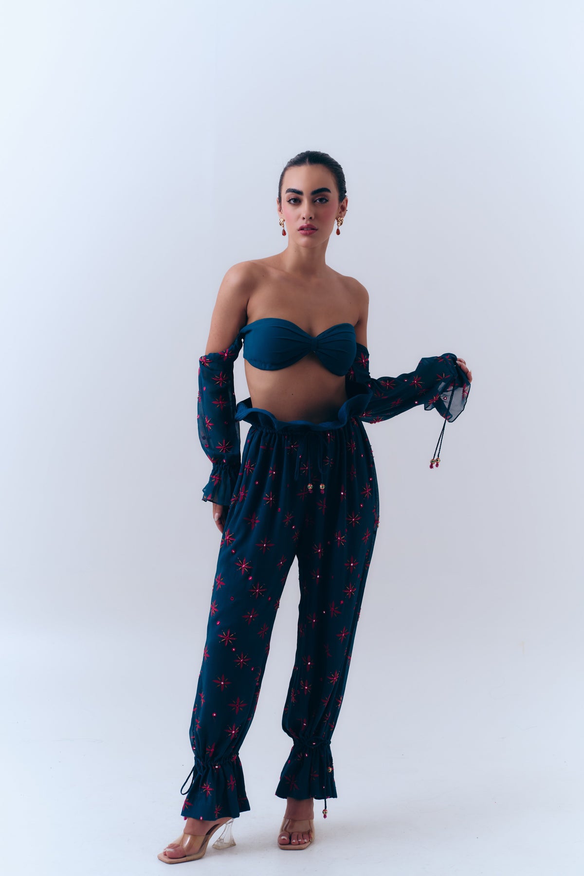 Midnight Stars Mirror Beaded Strapless Bra Top in Silk Georgette