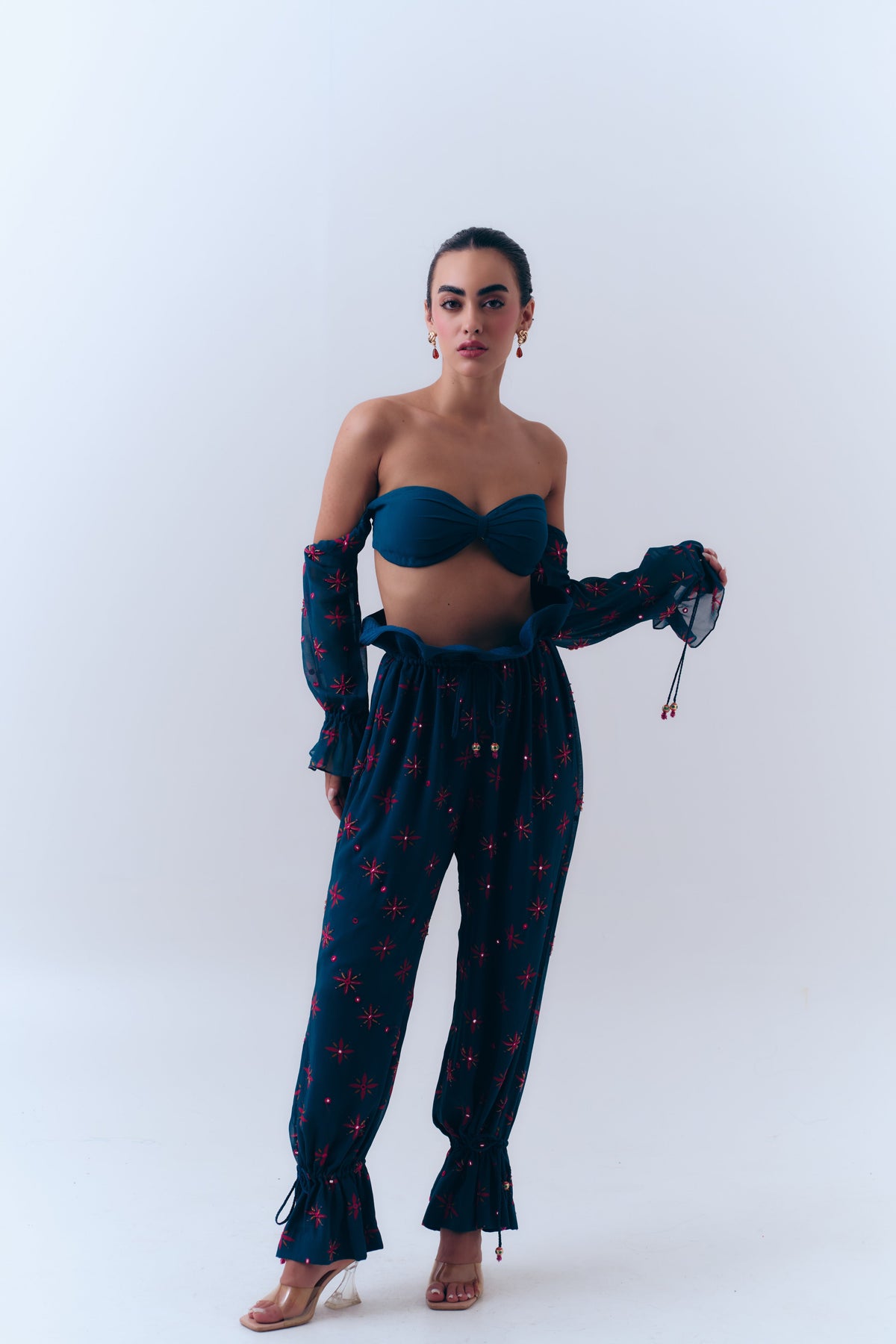 Midnight Stars Mirror Beaded Balloon Pants in Silk Georgette