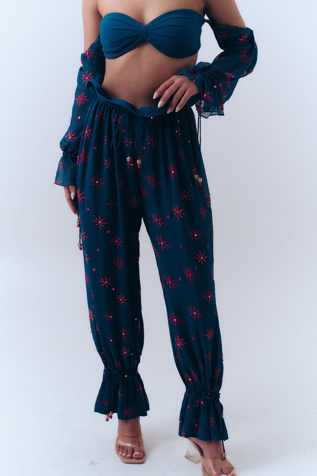 Midnight Stars Mirror Beaded Balloon Pants in Silk Georgette