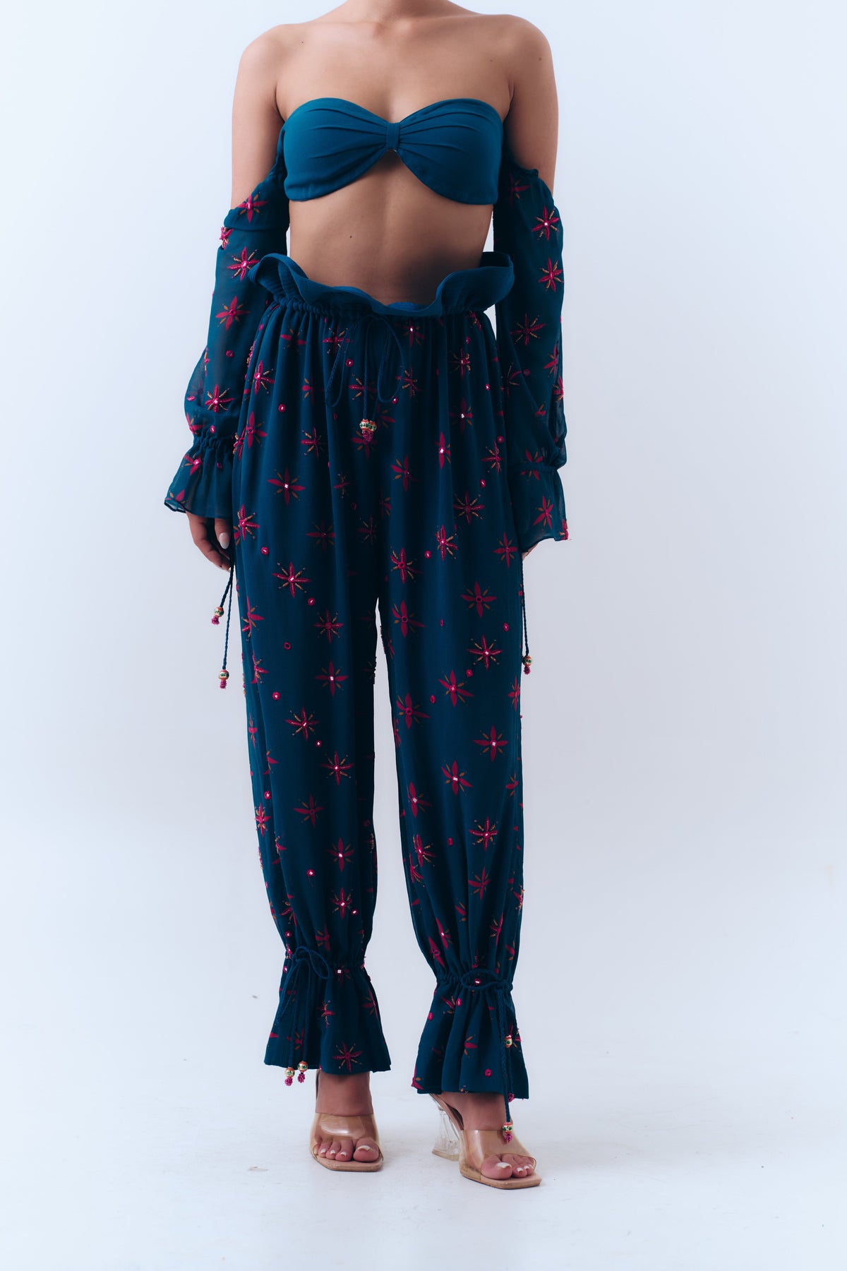 Midnight Stars Mirror Beaded Balloon Pants in Silk Georgette