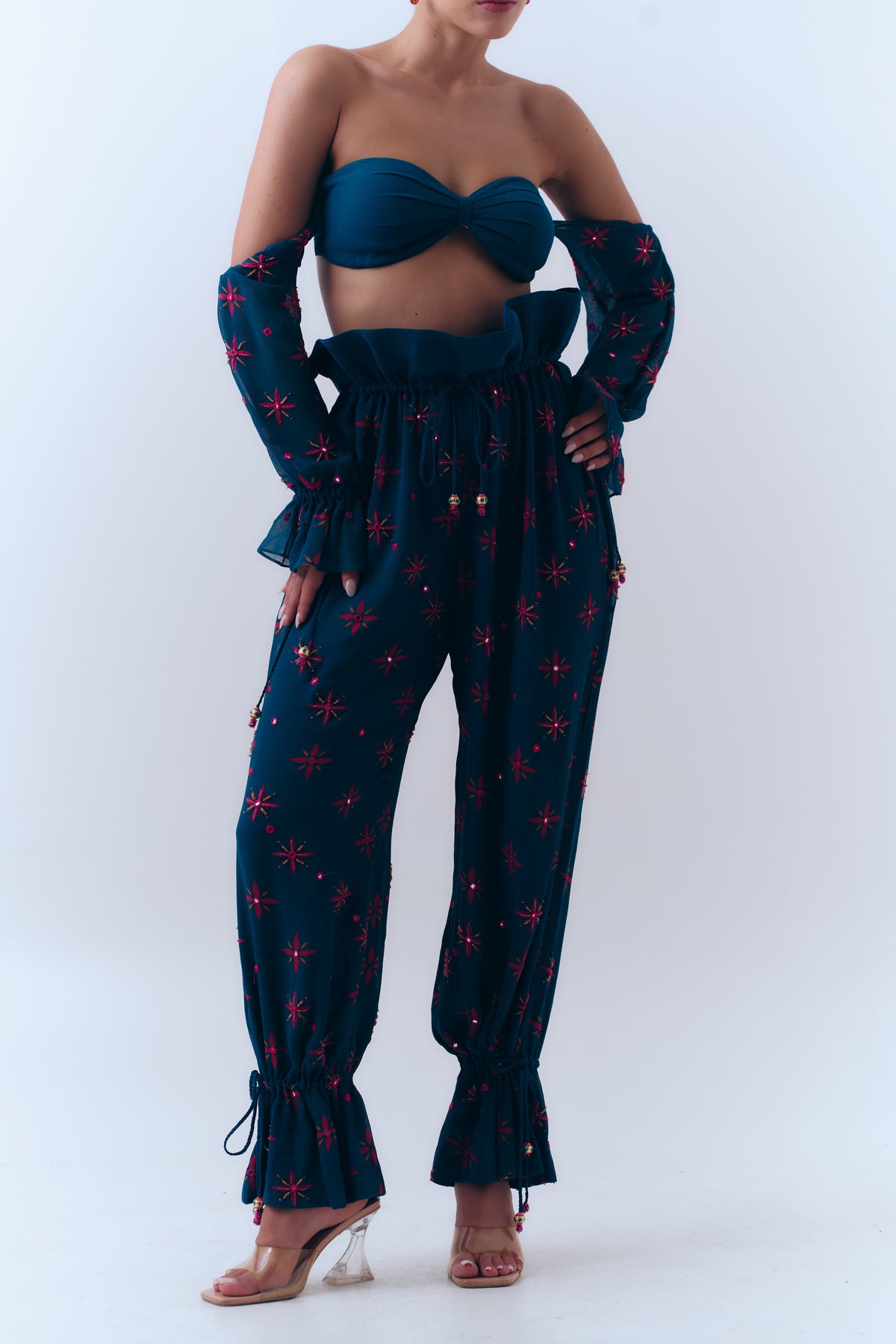 Midnight Stars Mirror Beaded Balloon Pants in Silk Georgette