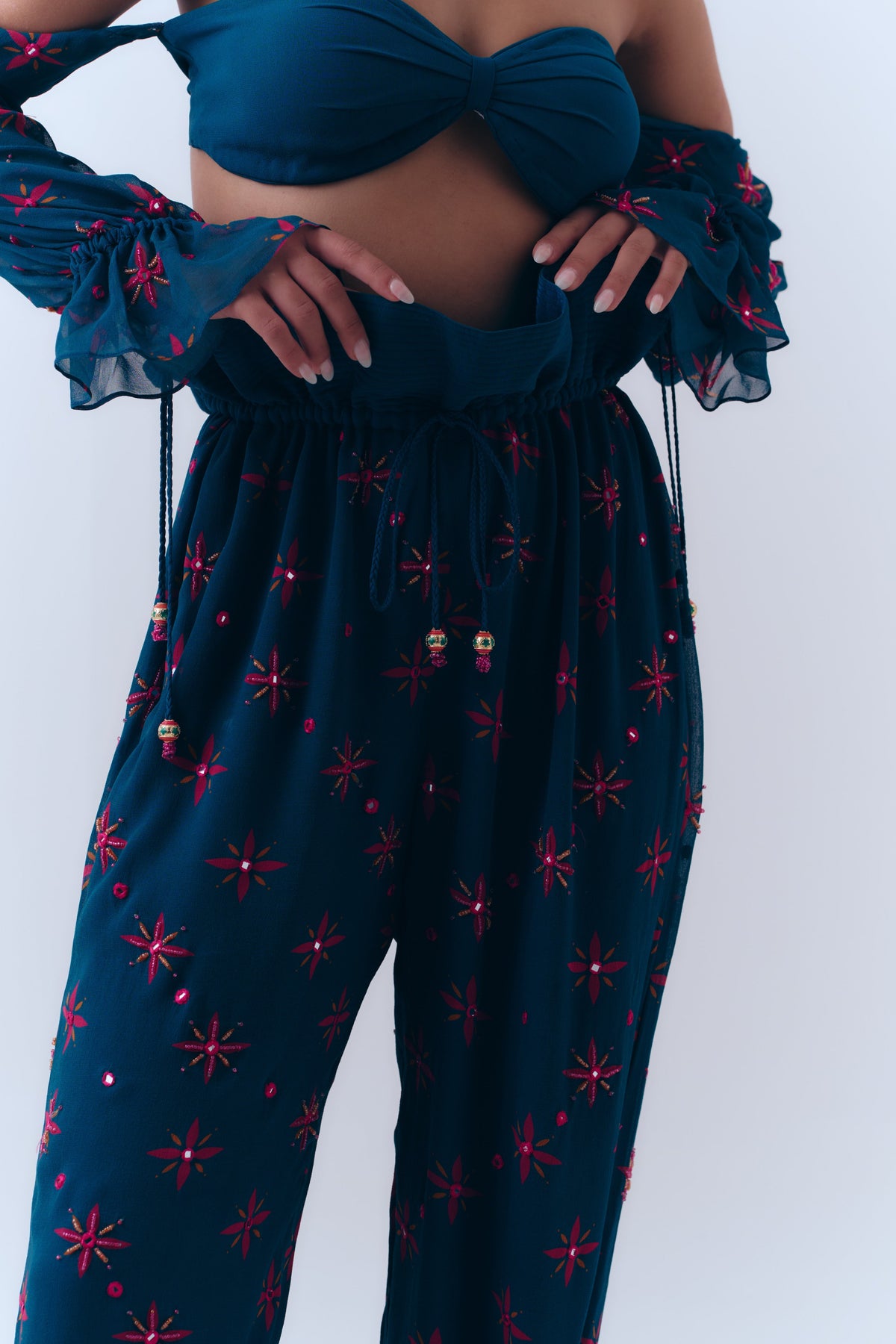 Midnight Stars Mirror Beaded Balloon Pants in Silk Georgette