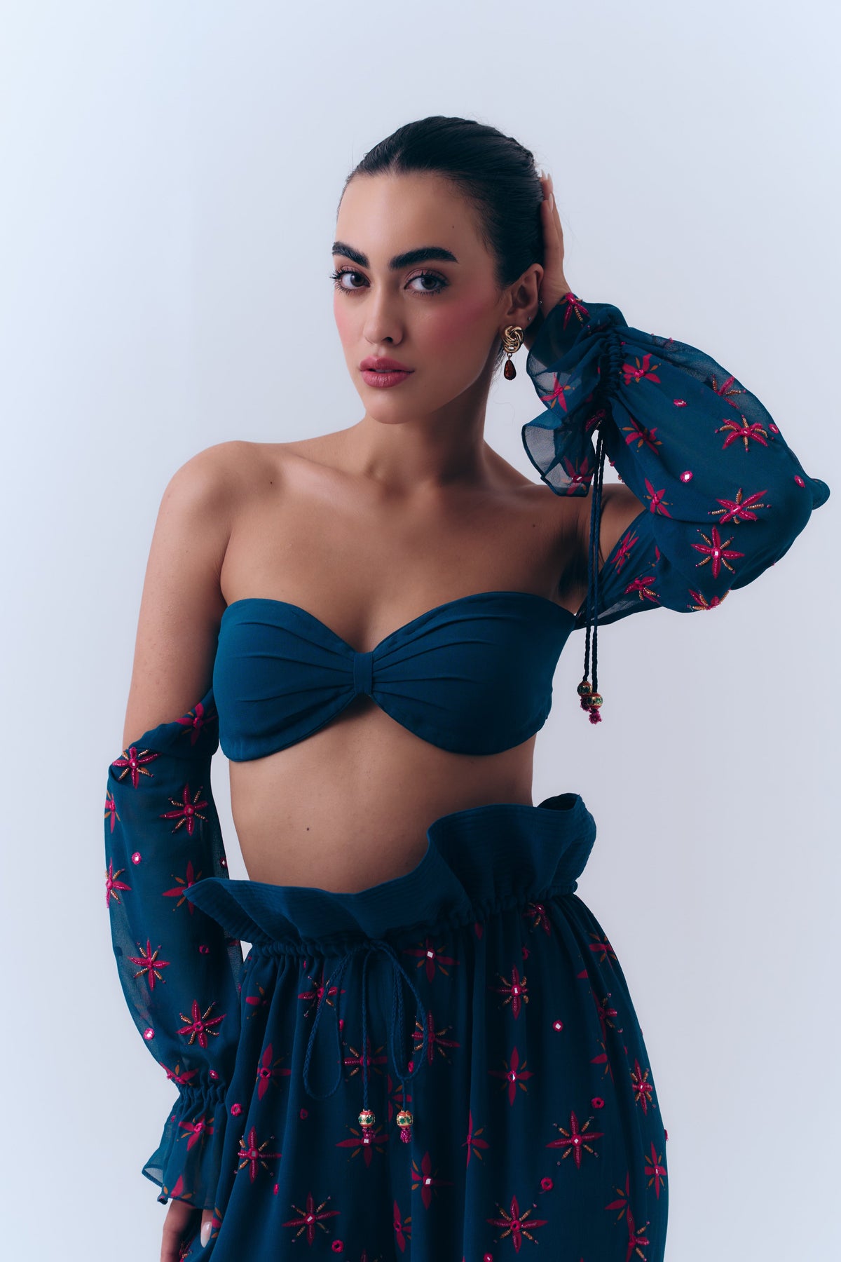 Midnight Stars Mirror Beaded Strapless Bra Top in Silk Georgette