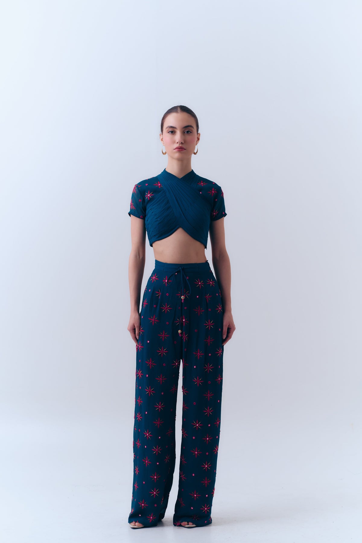 Midnight Stars Pleated Mirror Beaded Top in Silk Georgette