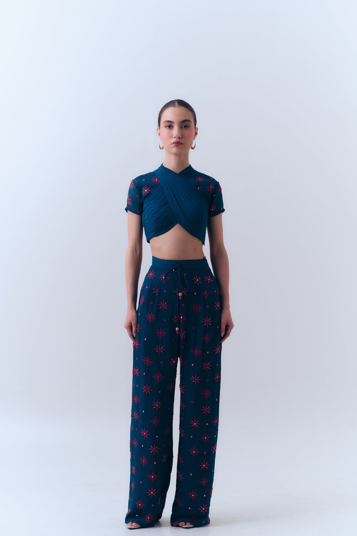Midnight Stars Mirror Beaded Drawstring Pants in Silk Georgette