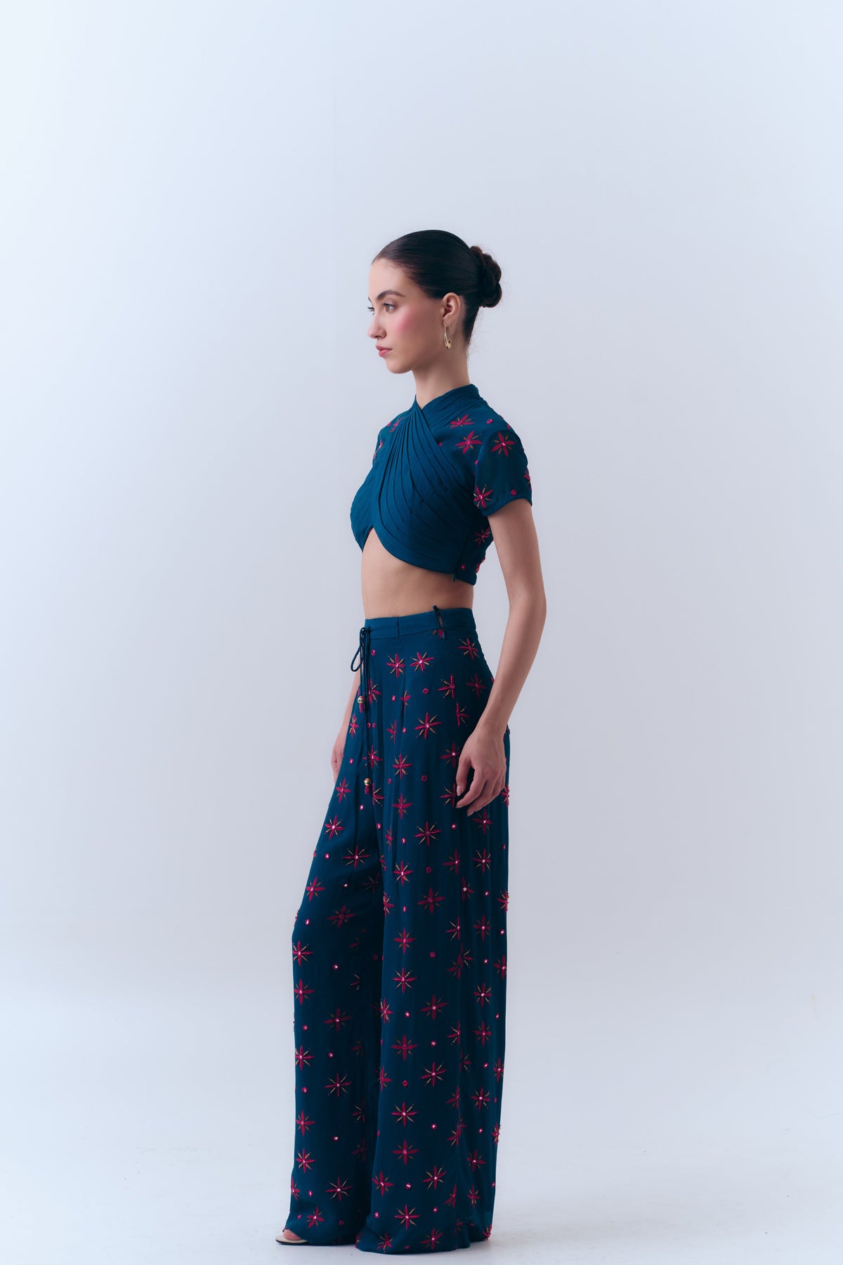 Midnight Stars Pleated Mirror Beaded Top in Silk Georgette