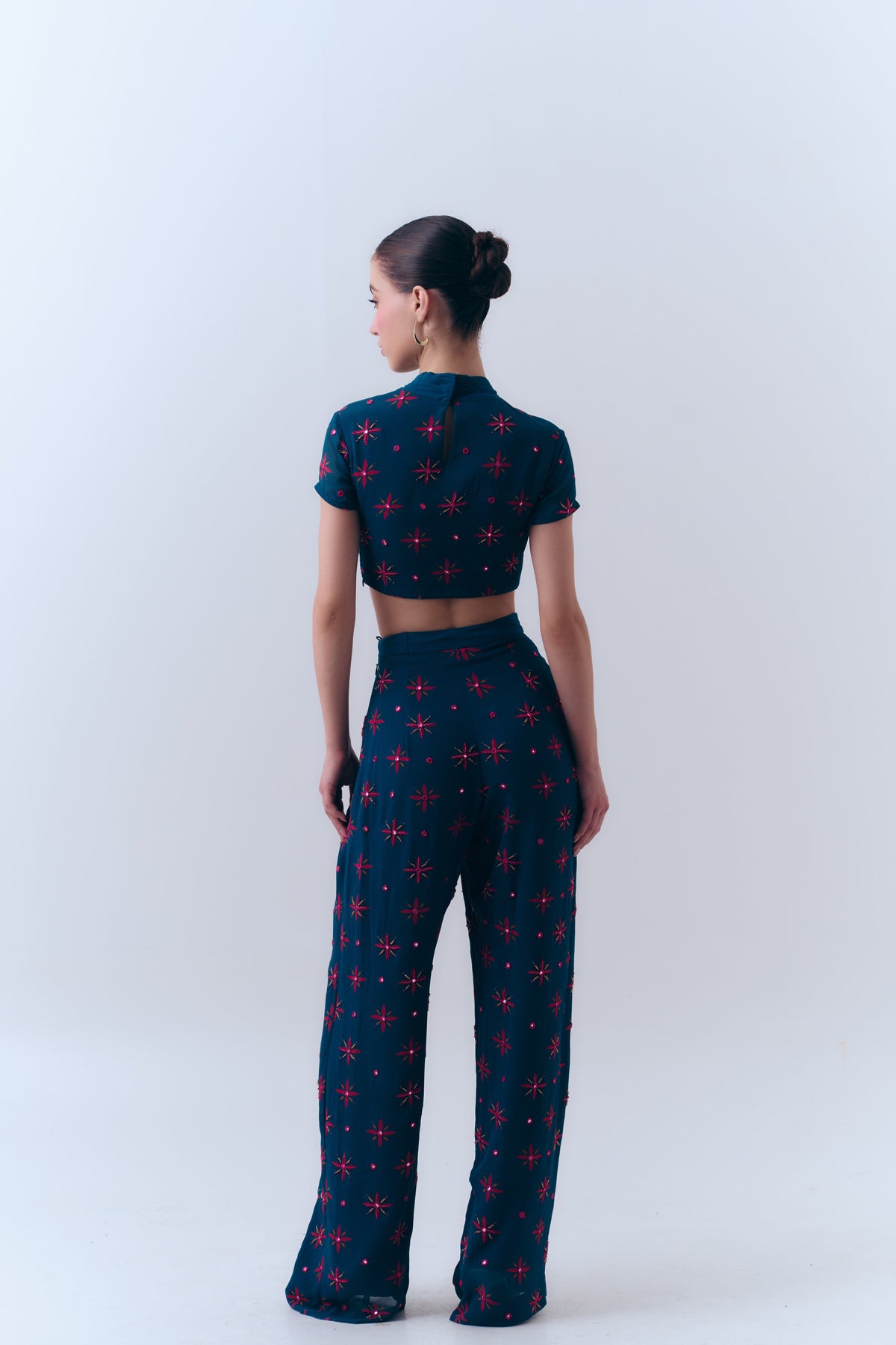 Midnight Stars Pleated Mirror Beaded Top in Silk Georgette