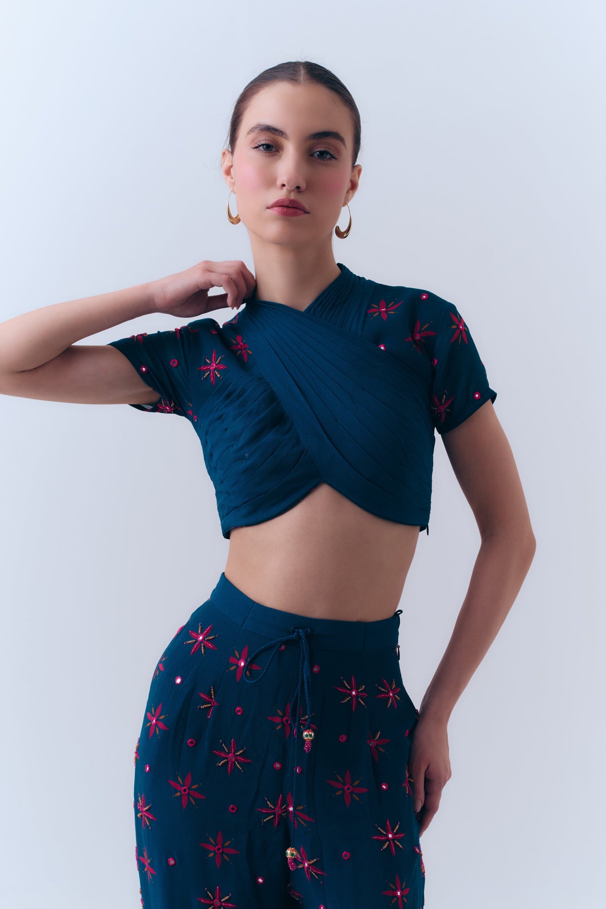 Midnight Stars Pleated Mirror Beaded Top in Silk Georgette