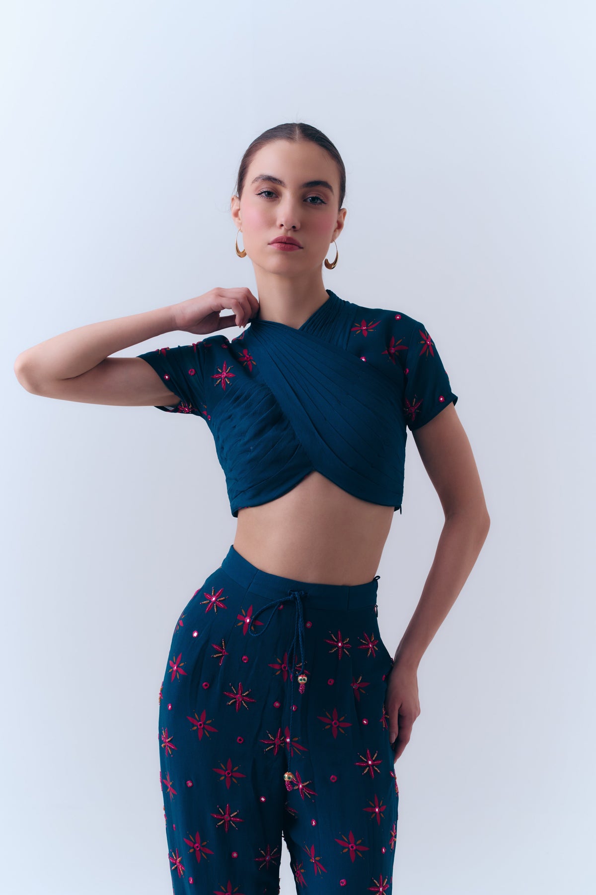 Midnight Stars Mirror Beaded Drawstring Pants in Silk Georgette