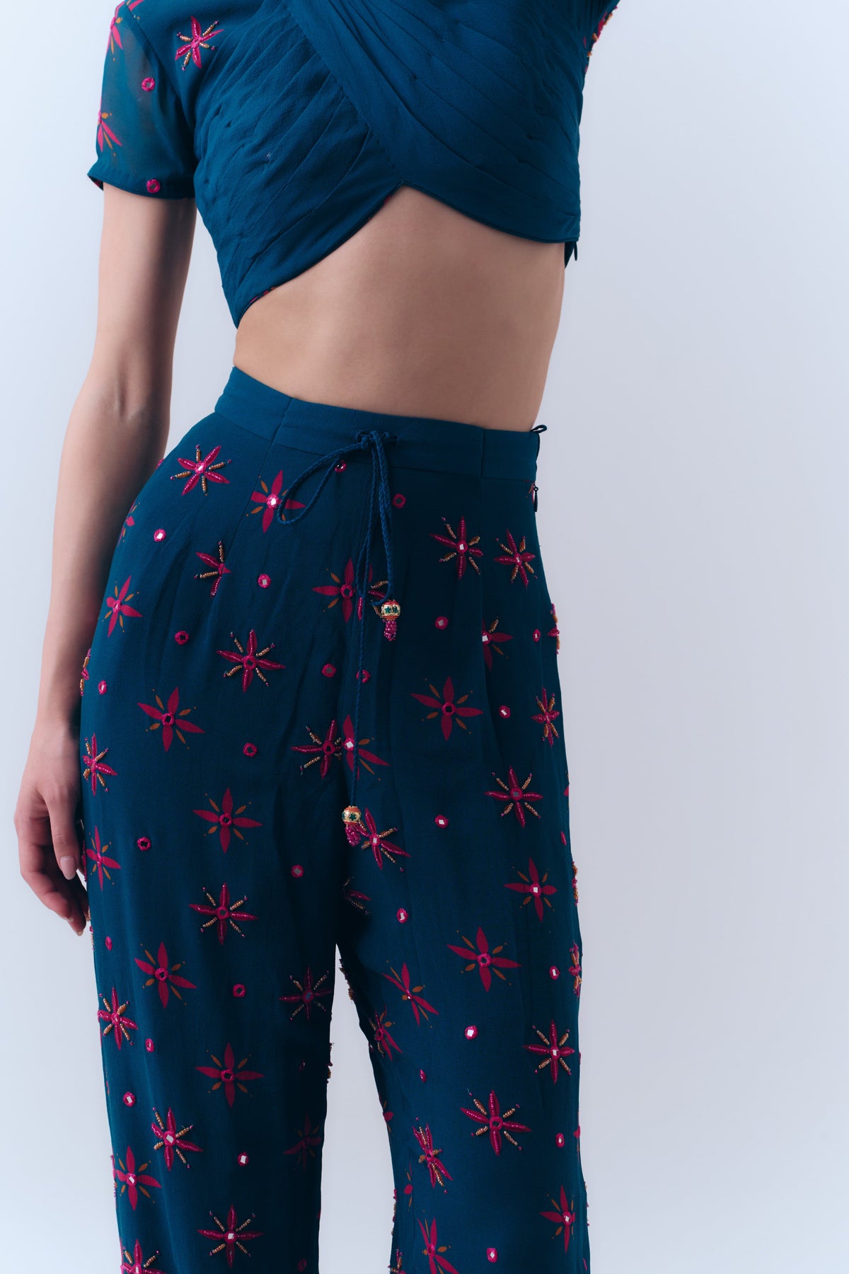 Midnight Stars Mirror Beaded Drawstring Pants in Silk Georgette