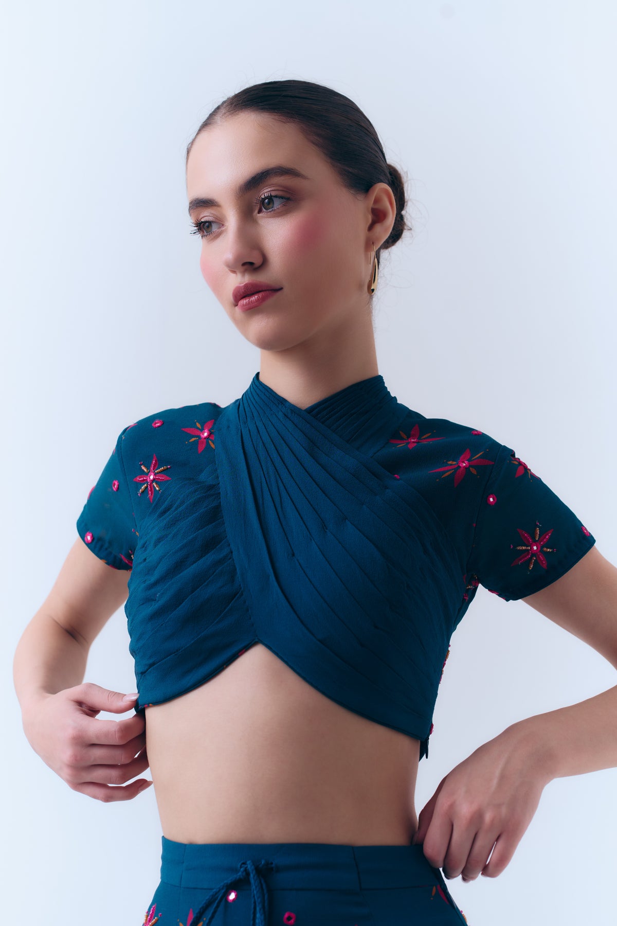 Midnight Stars Pleated Mirror Beaded Top in Silk Georgette