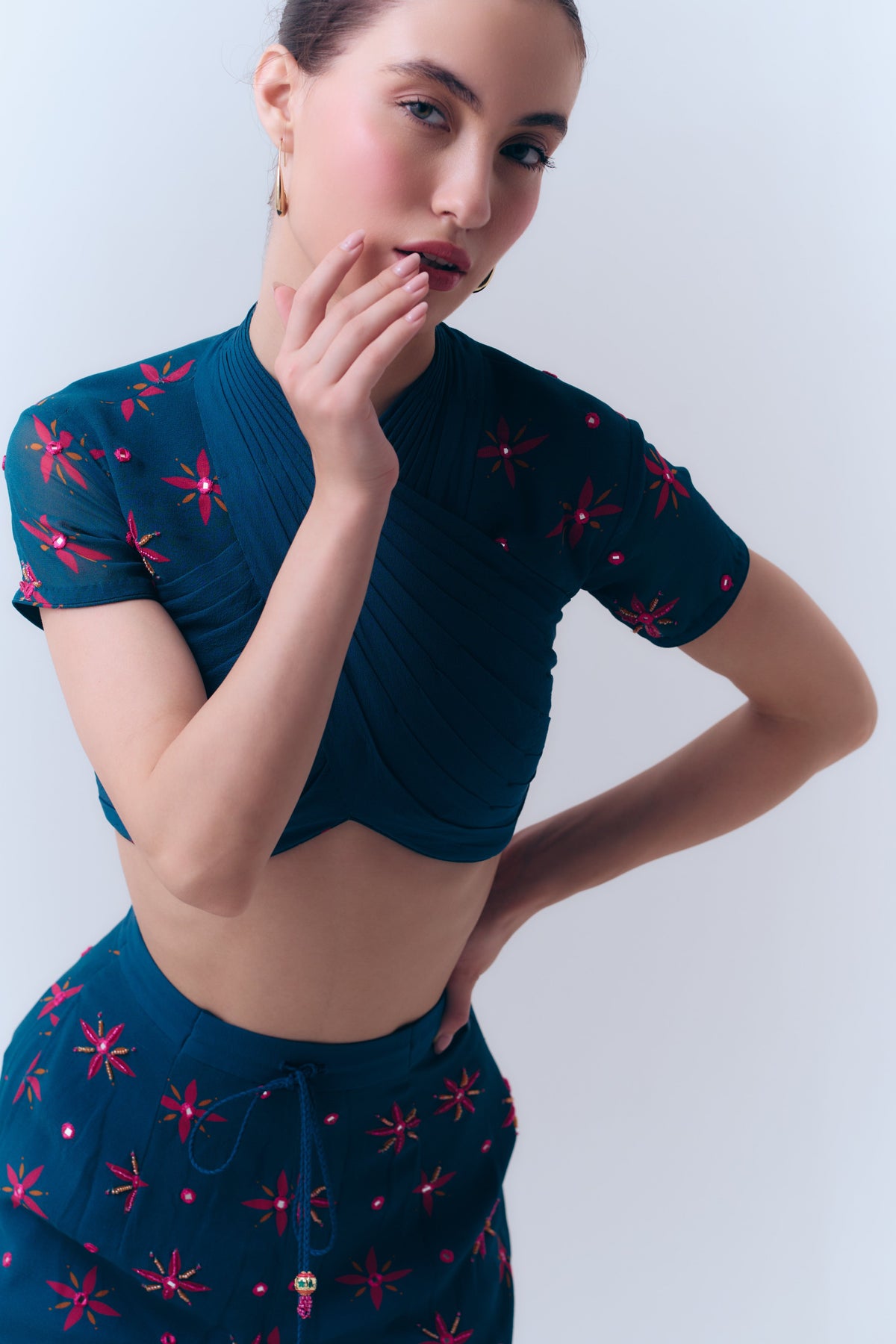 Midnight Stars Pleated Mirror Beaded Top in Silk Georgette