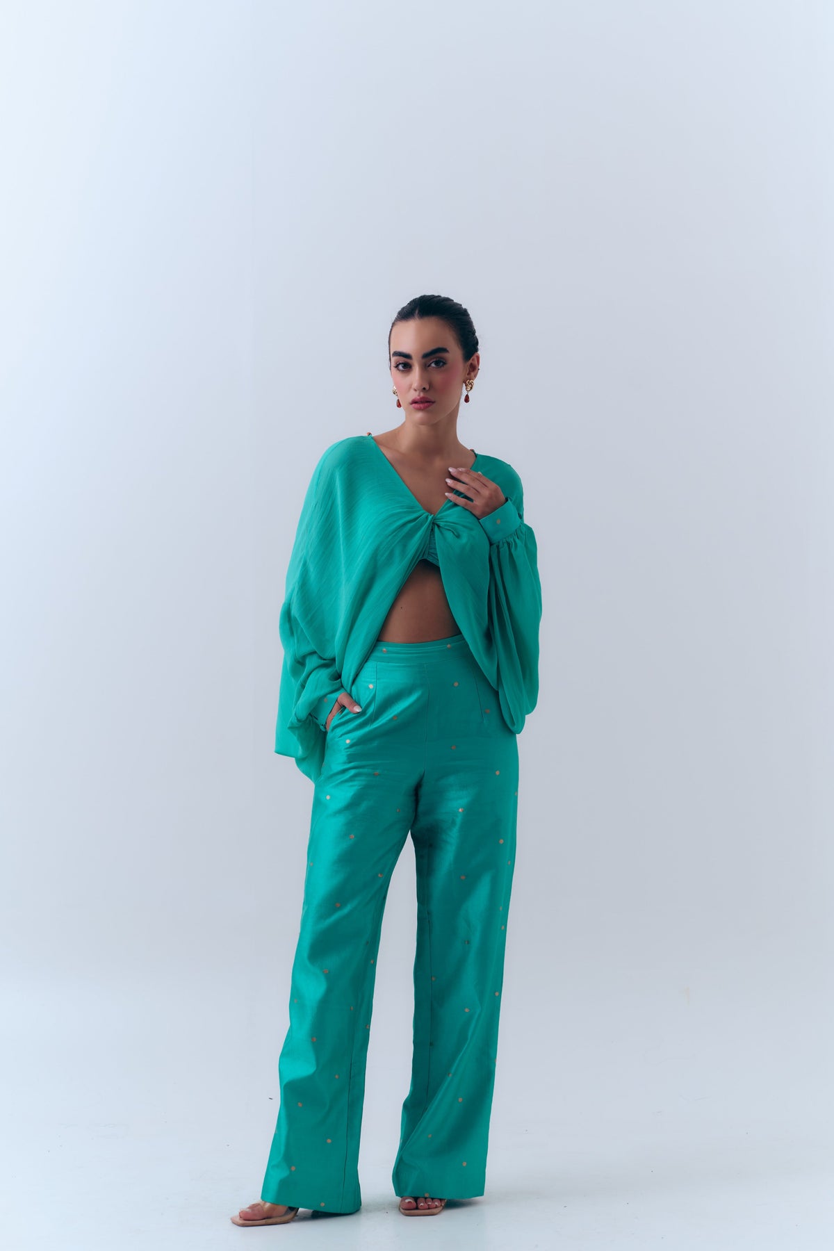 Amelia Silk Georgette Twist Top with Handwoven Banarasi Cuffs
