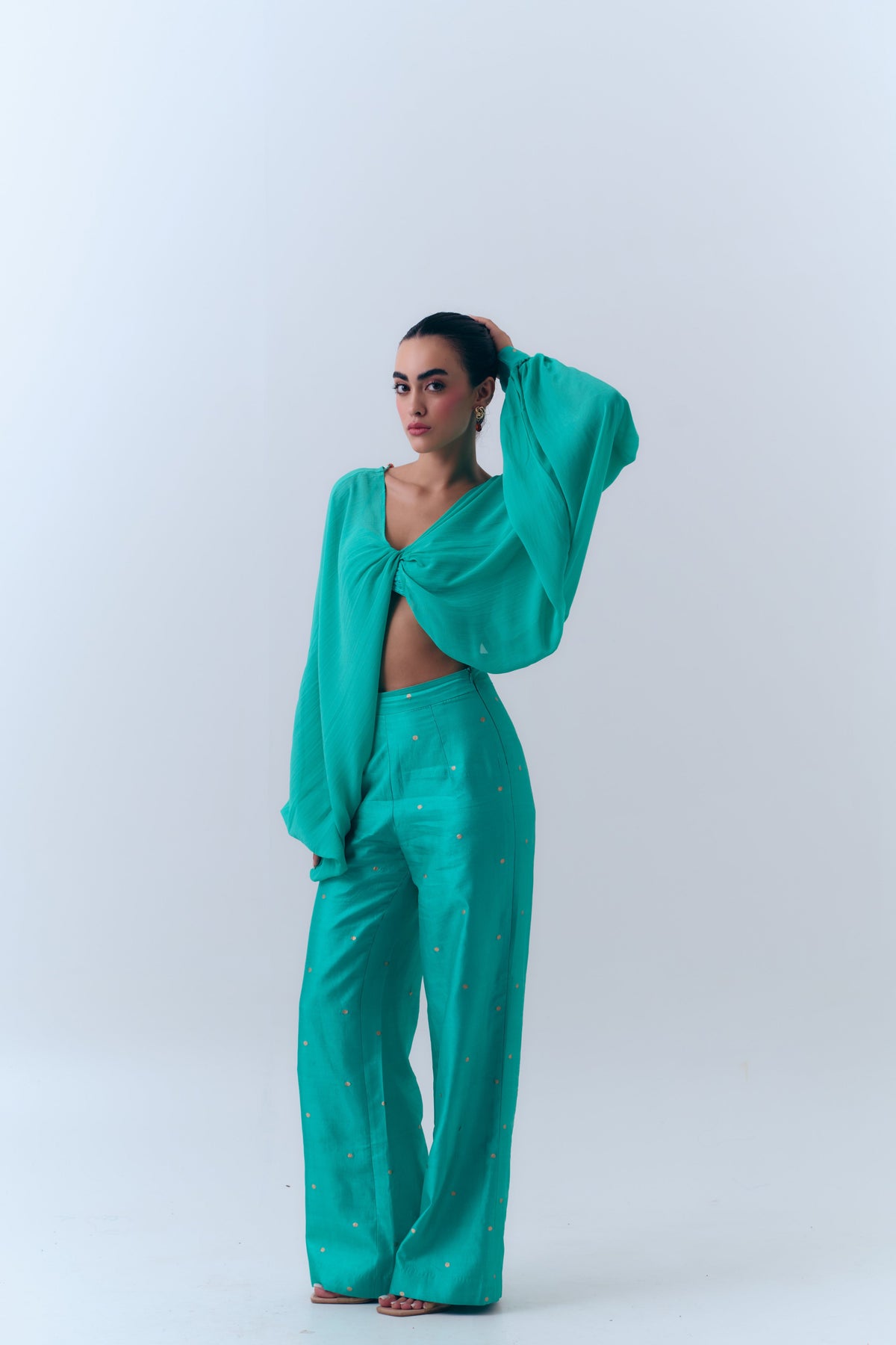 Amelia Silk Georgette Twist Top with Handwoven Banarasi Cuffs