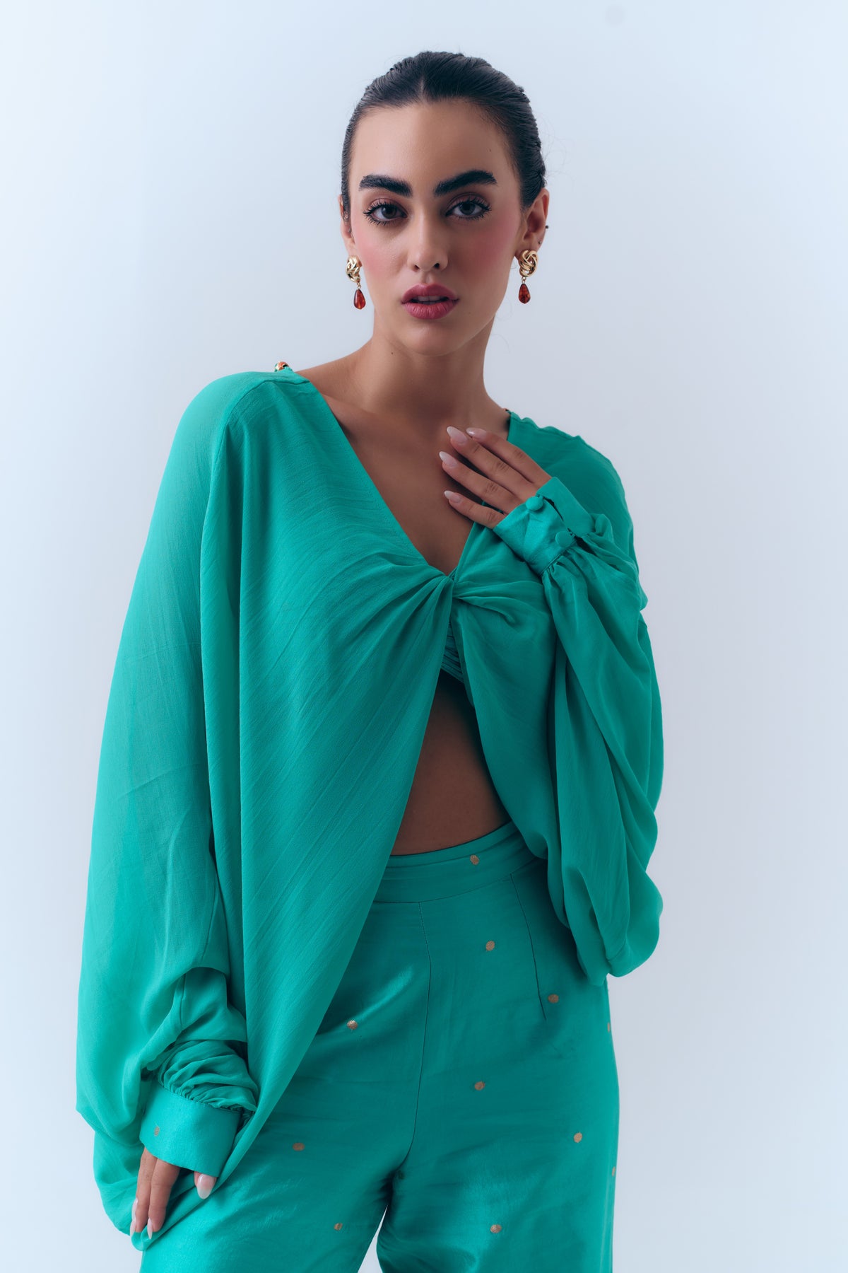 Amelia Silk Georgette Twist Top with Handwoven Banarasi Cuffs