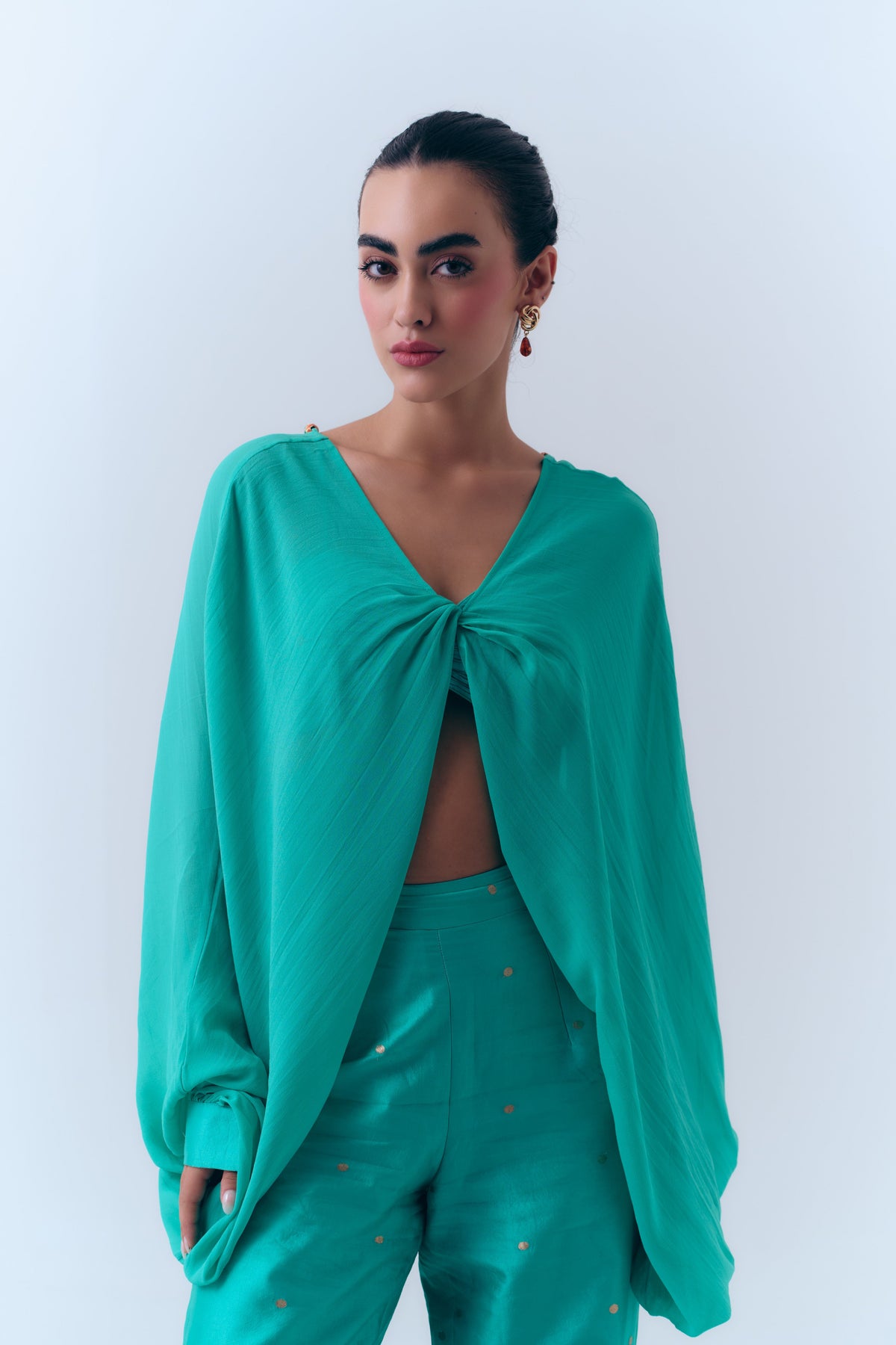 Amelia Silk Georgette Twist Top with Handwoven Banarasi Cuffs