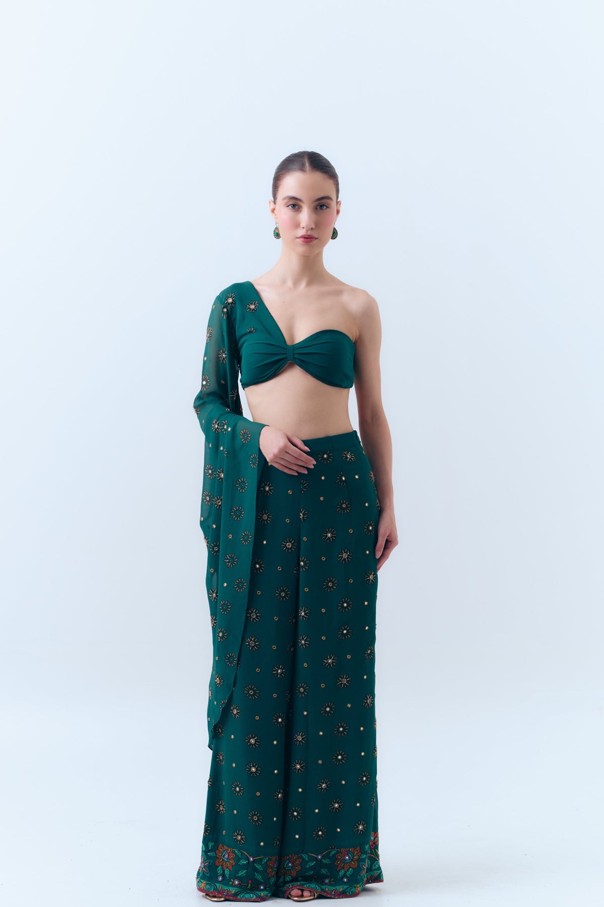 Sunbloom Silk Georgette Mirror Embroidered Wide Leg Pants