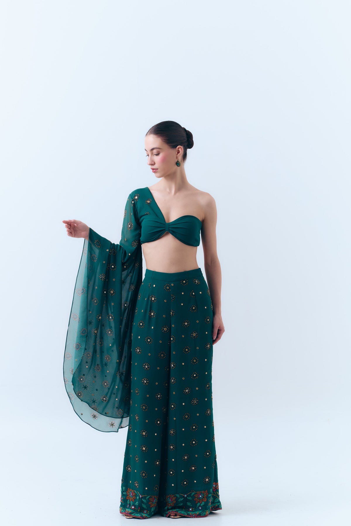 Sunbloom Silk Georgette Mirror Embroidered Wide Leg Pants