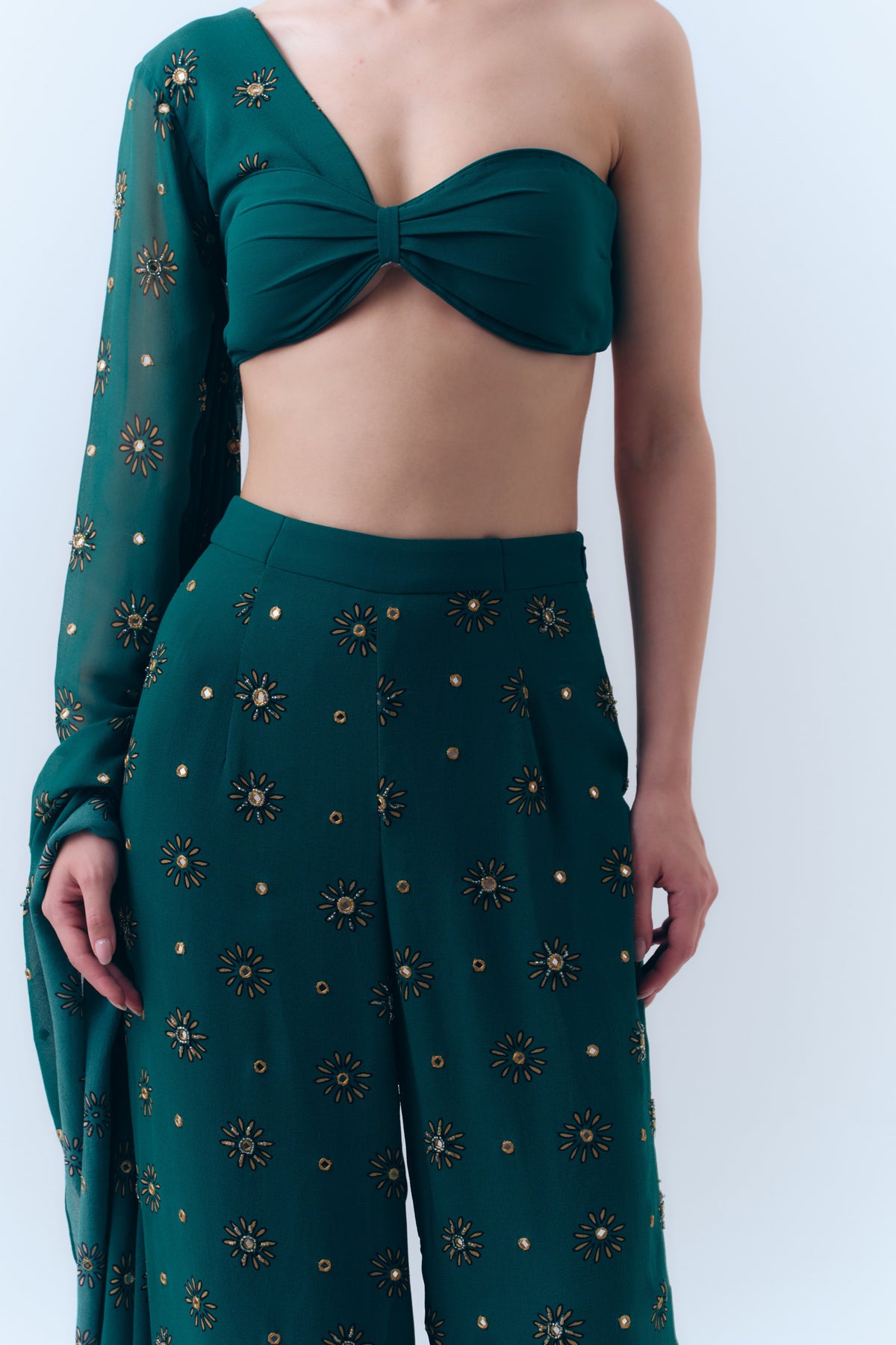 Sunbloom Silk Georgette Mirror Embroidered Wide Leg Pants