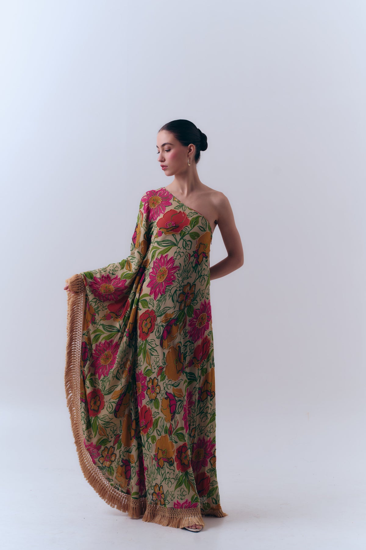 Naira Silk Georgette Beaded One Shoulder Fringe Kaftan