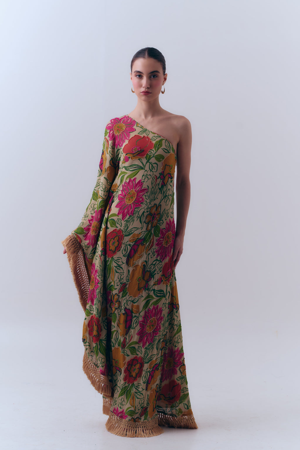 Naira Silk Georgette Beaded One Shoulder Fringe Kaftan