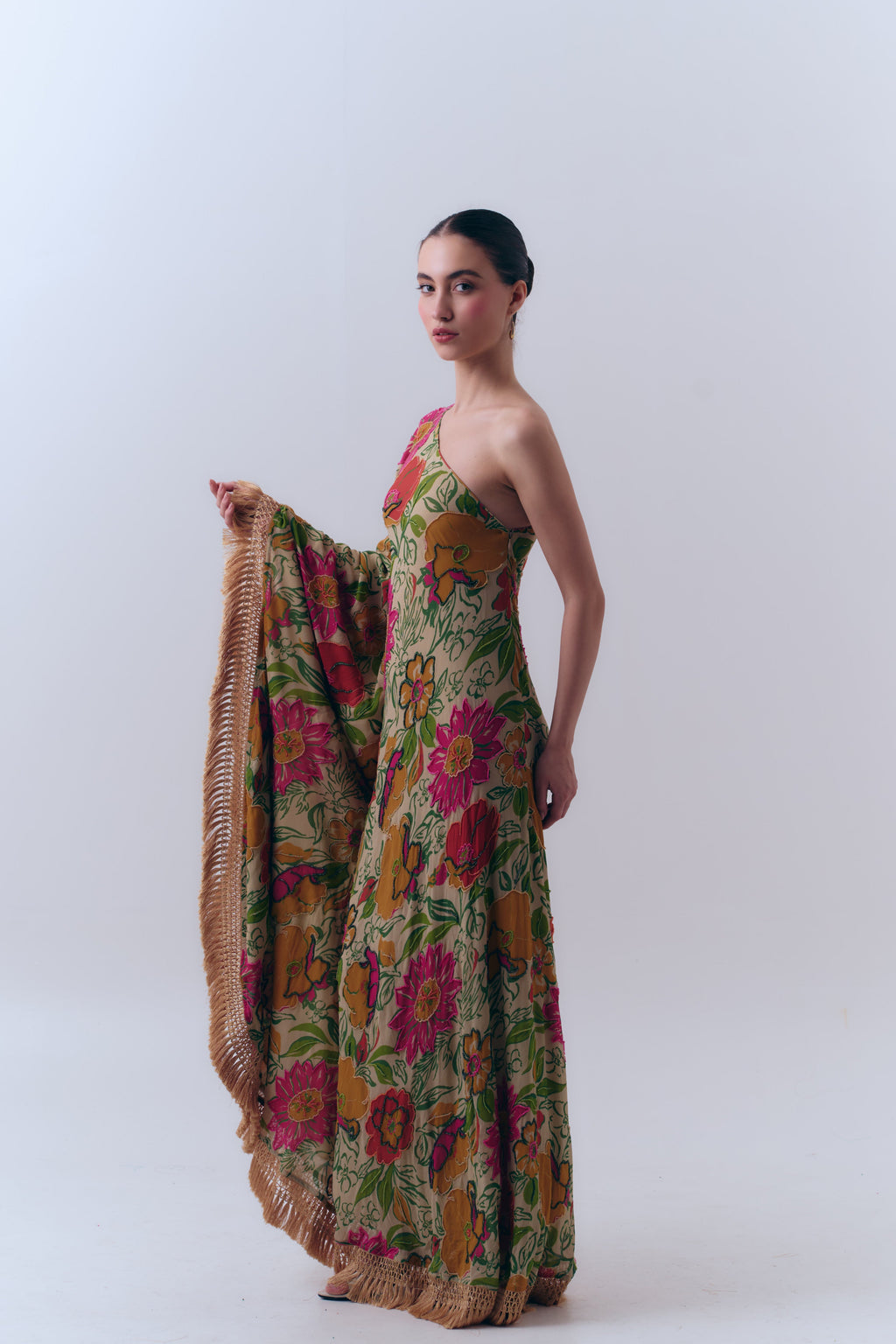 Naira Silk Georgette Beaded One Shoulder Fringe Kaftan