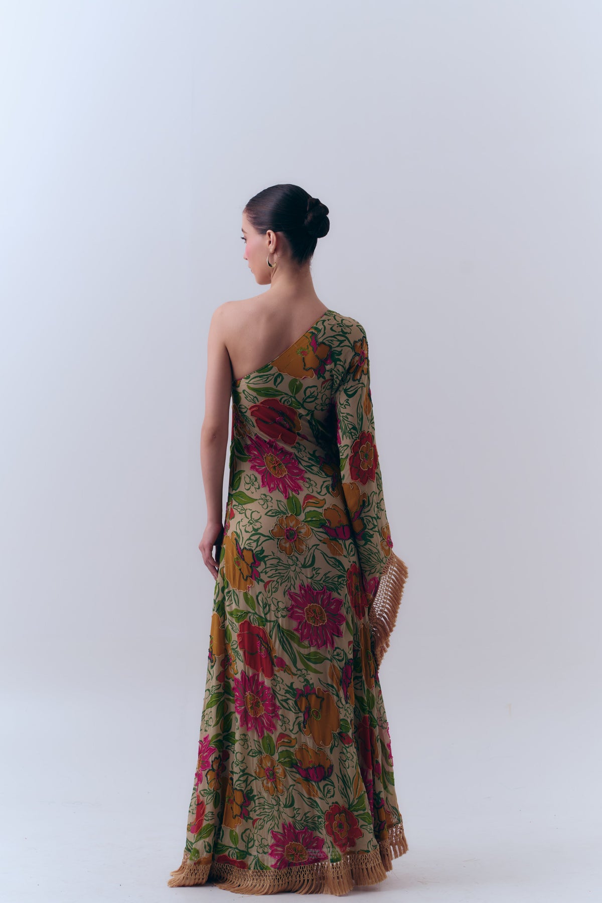 Naira Silk Georgette Beaded One Shoulder Fringe Kaftan