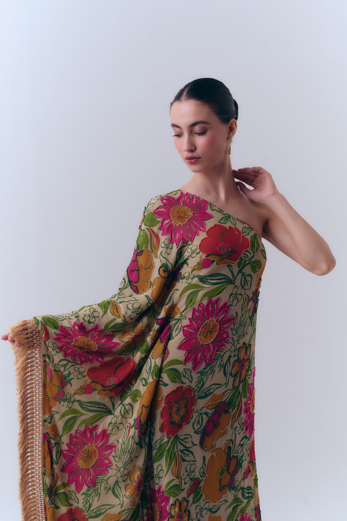 Naira Silk Georgette Beaded One Shoulder Fringe Kaftan