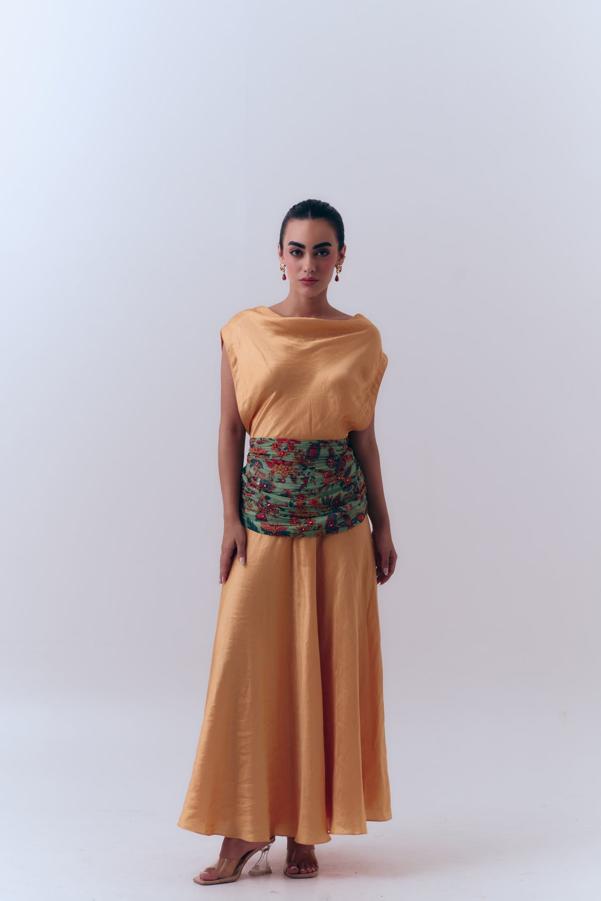 Aurea Silk Linen A Line Beaded Dress with Mirror Embroidered Waist Wrap