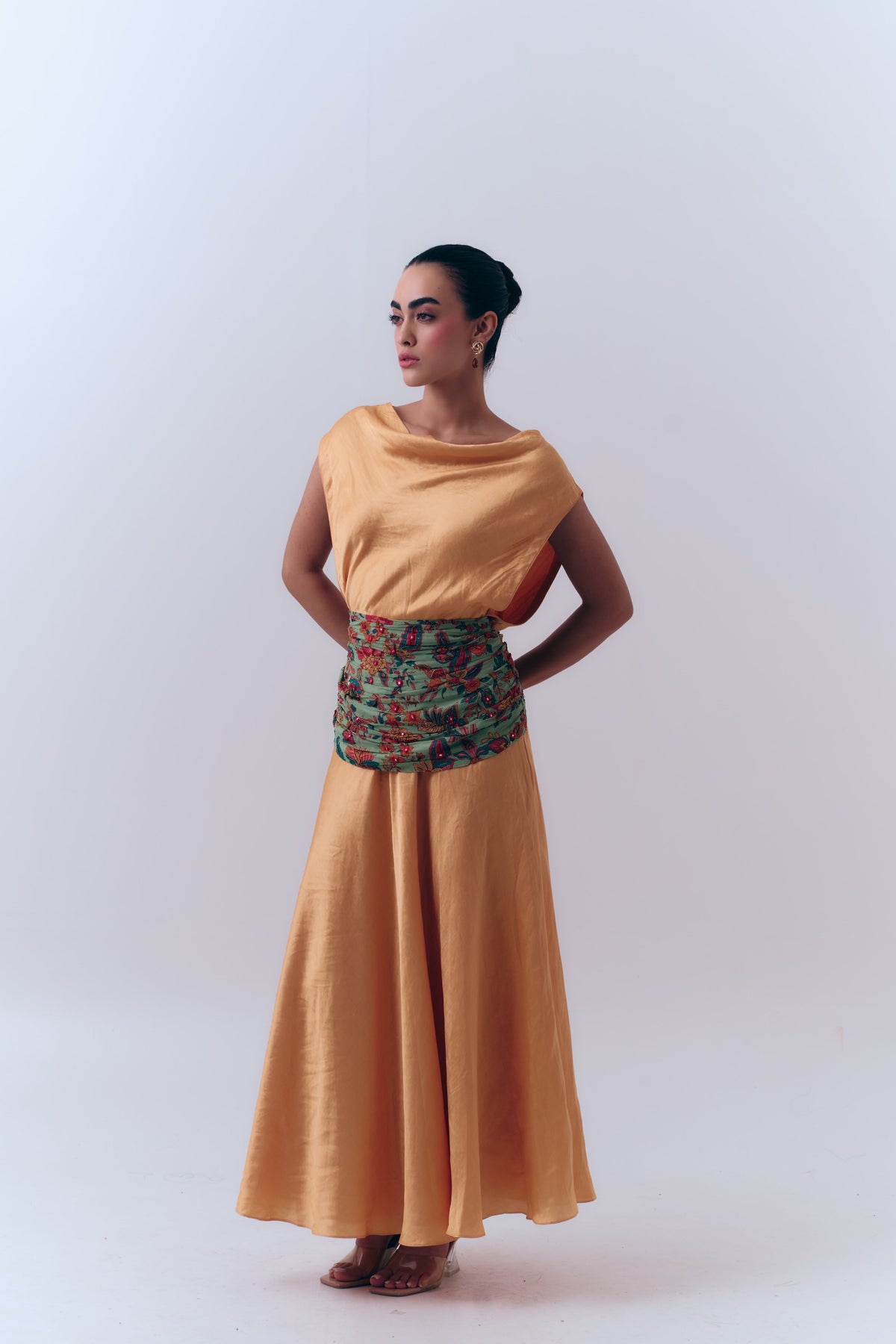 Aurea Silk Linen A Line Beaded Dress with Mirror Embroidered Waist Wrap