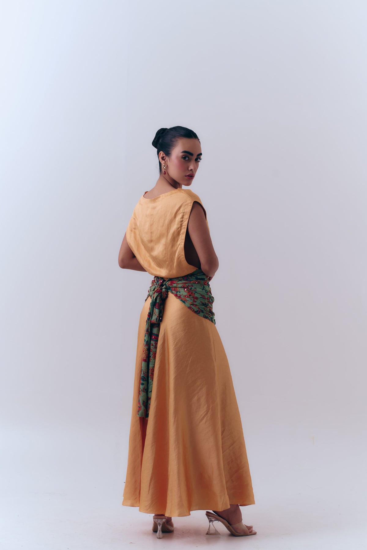 Aurea Silk Linen A Line Beaded Dress with Mirror Embroidered Waist Wrap