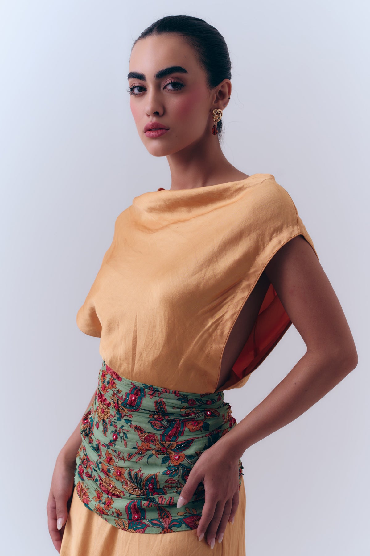 Aurea Silk Linen A Line Beaded Dress with Mirror Embroidered Waist Wrap
