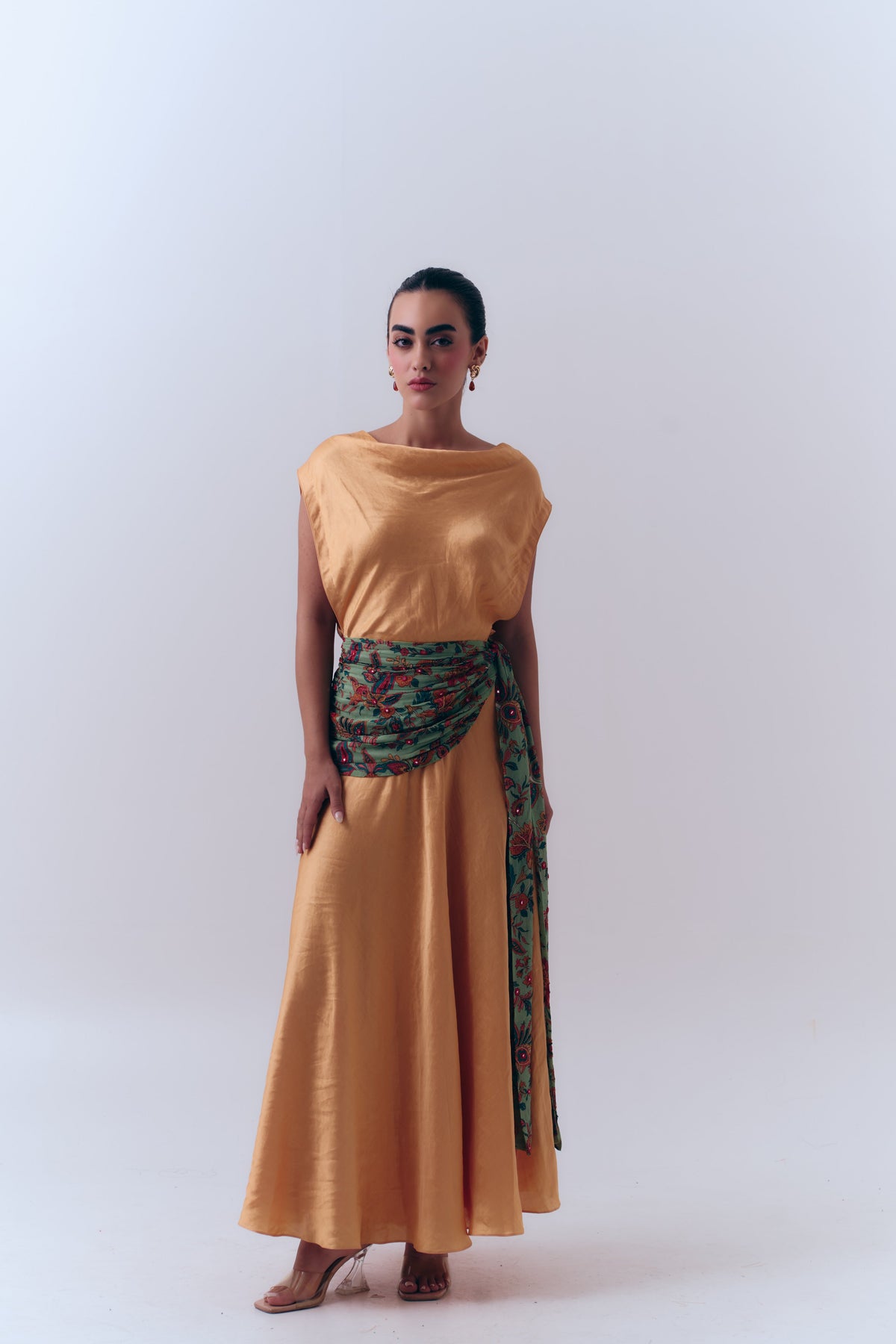Aurea Silk Linen A Line Beaded Dress with Mirror Embroidered Waist Wrap
