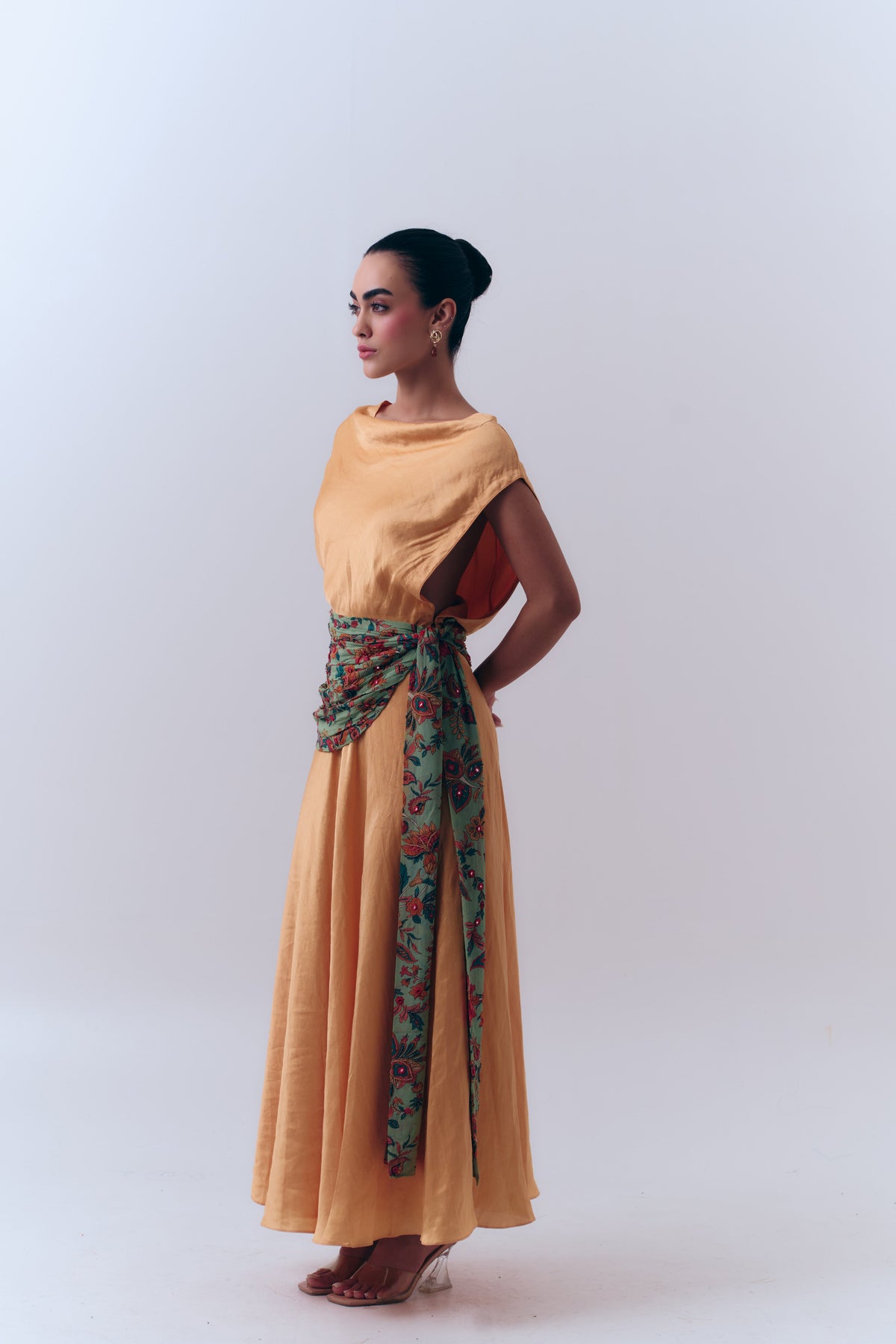 Aurea Silk Linen A Line Beaded Dress with Mirror Embroidered Waist Wrap