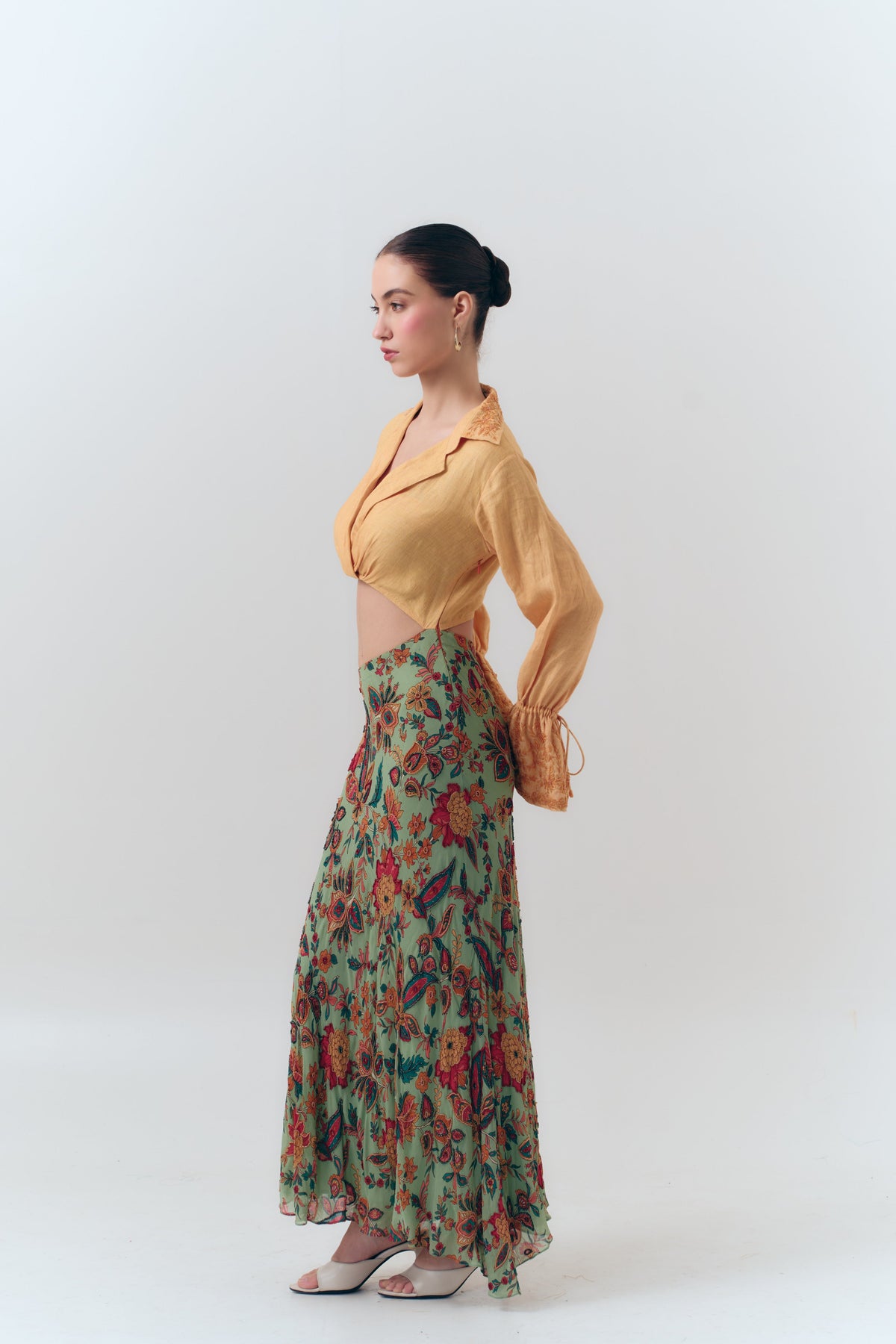 Amelia Beaded Linen and Silk Georgette Cutout Dress