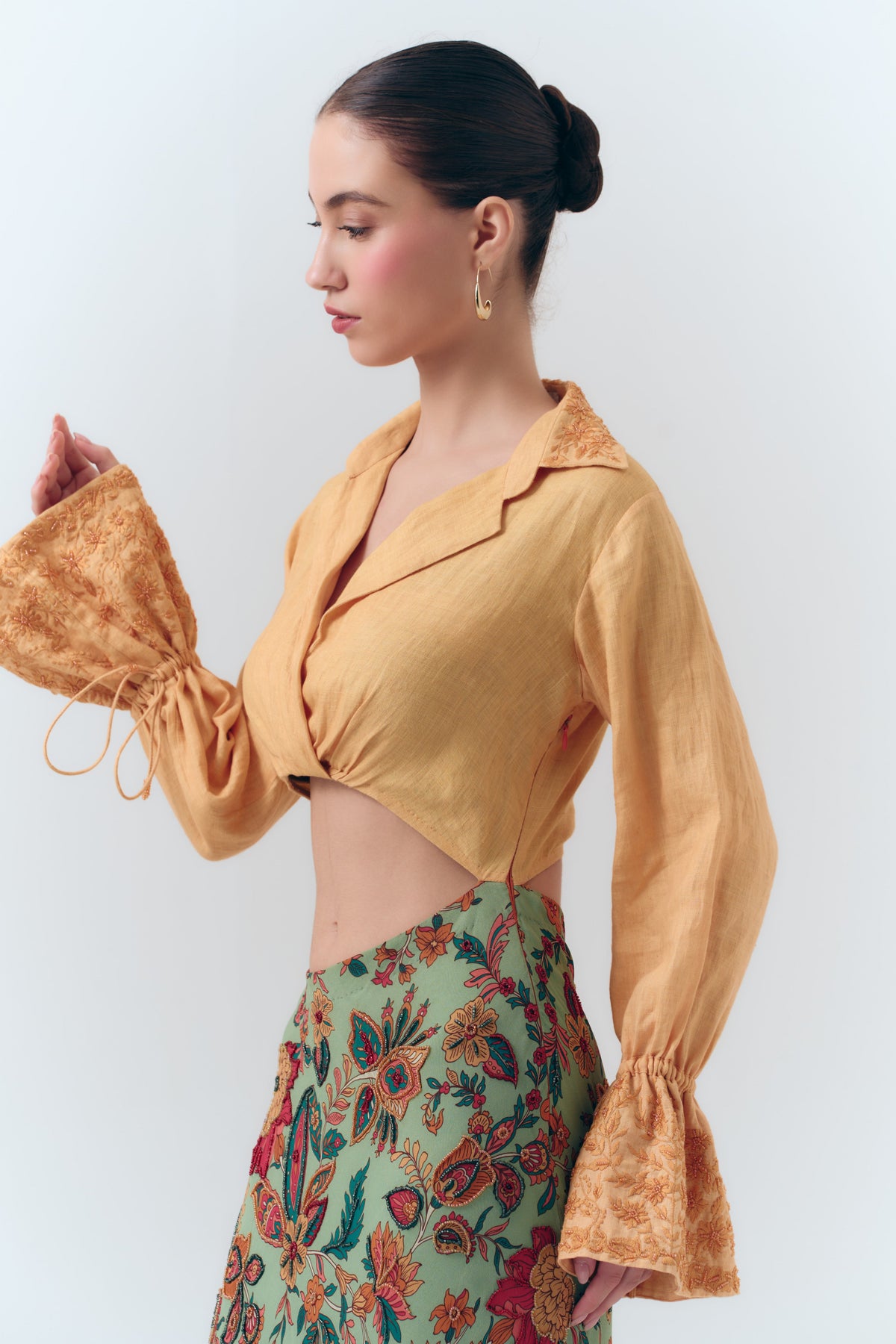 Amelia Beaded Linen and Silk Georgette Cutout Dress