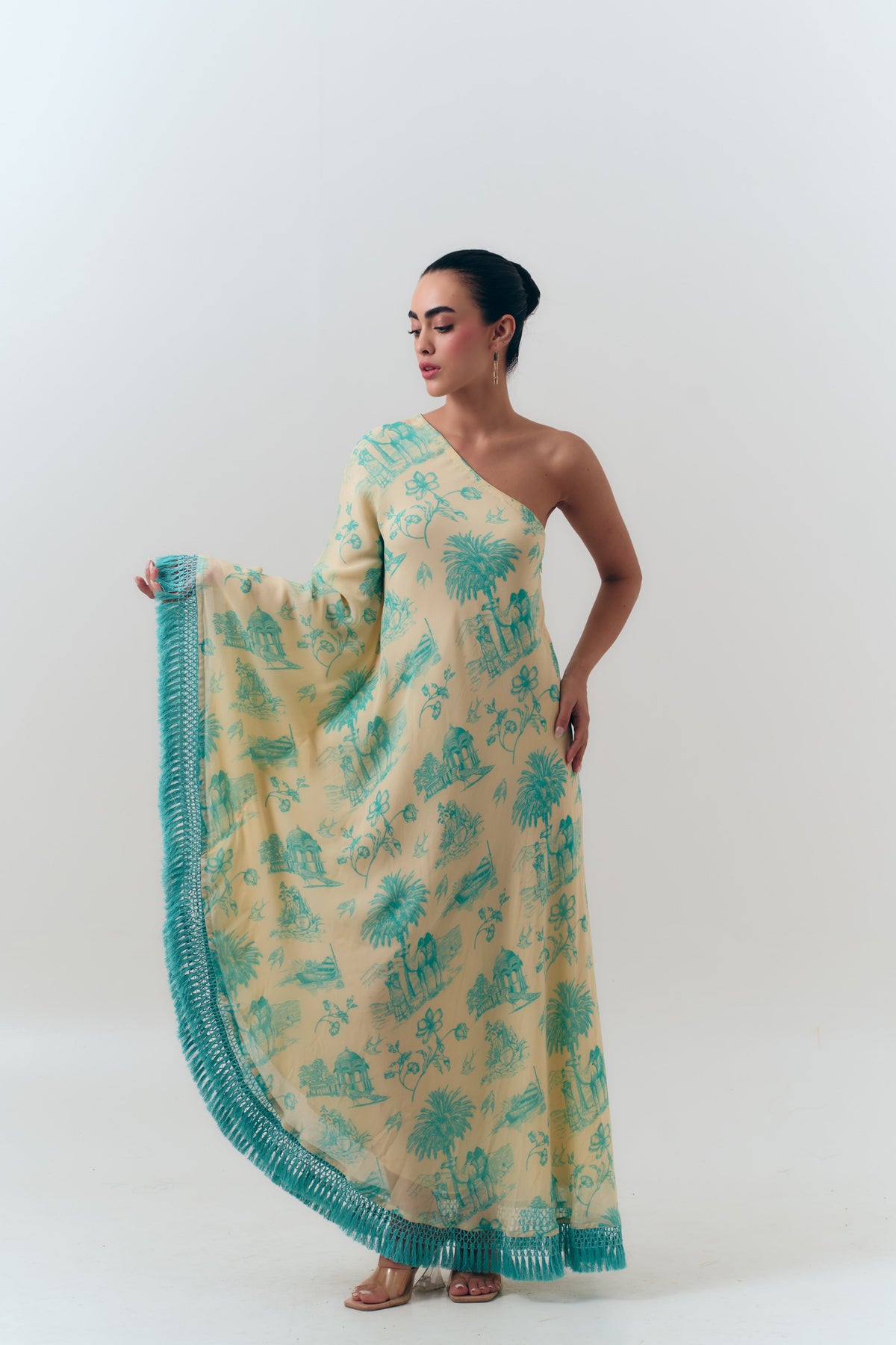 Silk Georgette Daydreams Printed One Shoulder Fringe Kaftan