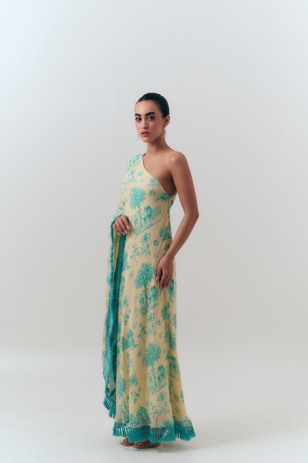Silk Georgette Daydreams Printed One Shoulder Fringe Kaftan