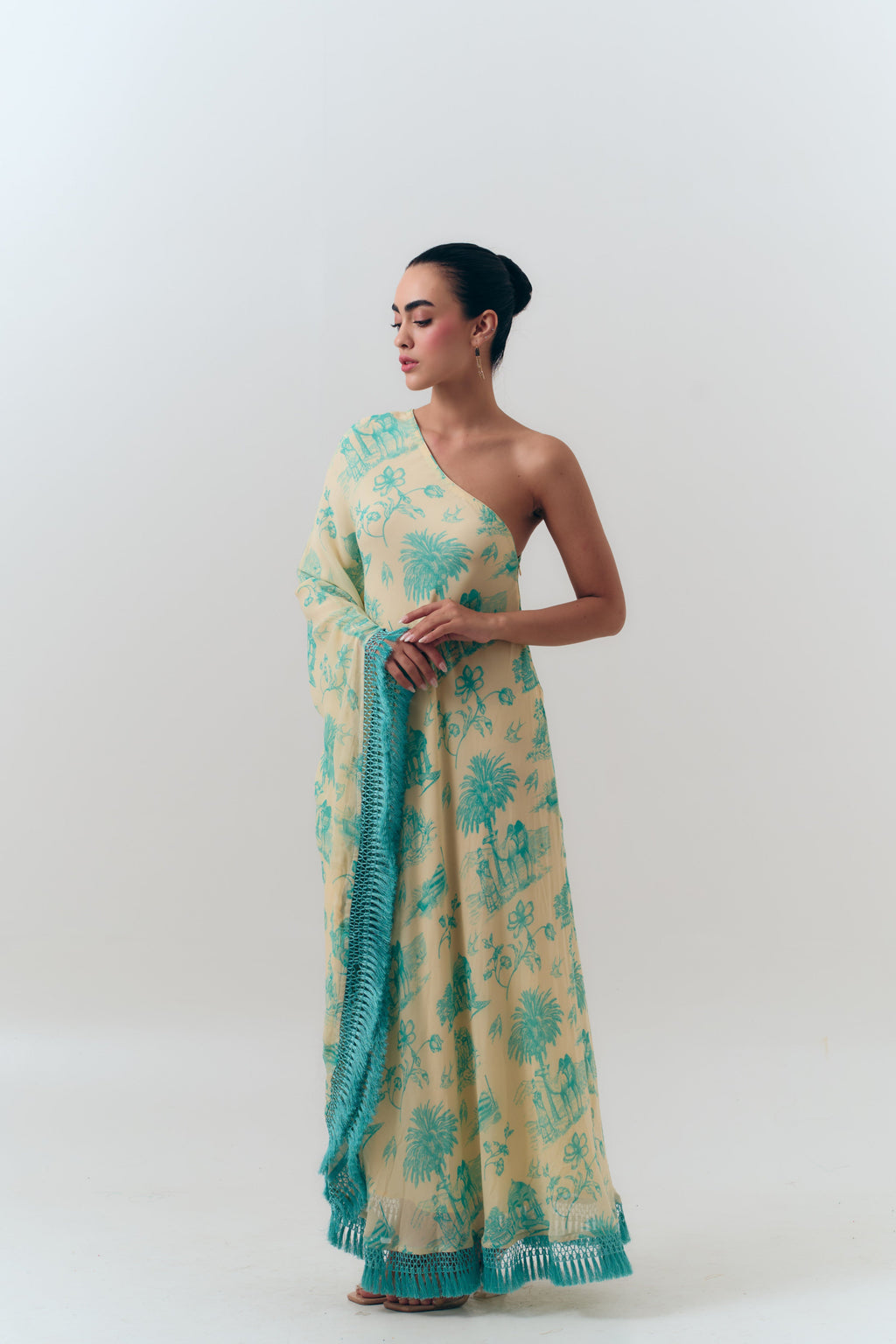 Silk Georgette Daydreams Printed One Shoulder Fringe Kaftan