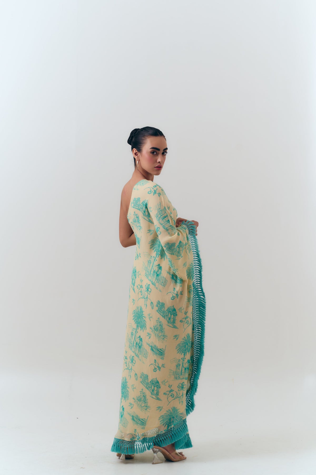 Silk Georgette Daydreams Printed One Shoulder Fringe Kaftan