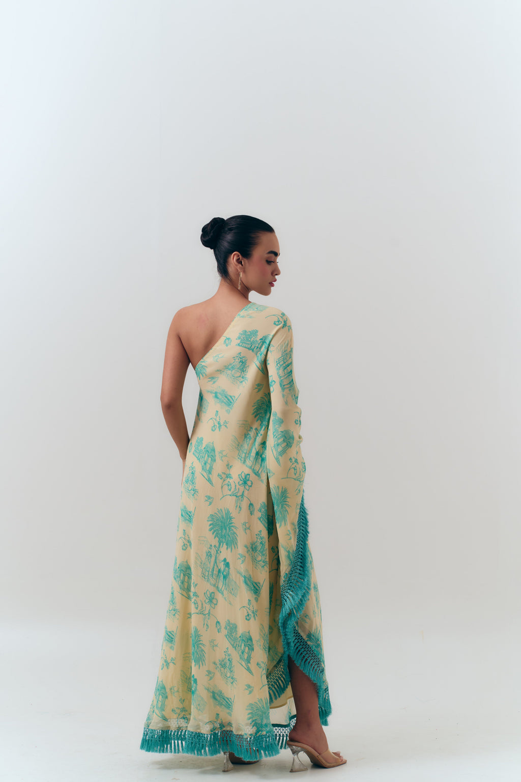 Silk Georgette Daydreams Printed One Shoulder Fringe Kaftan