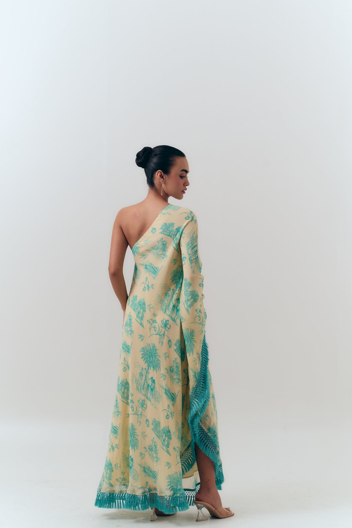 Silk Georgette Daydreams Printed One Shoulder Fringe Kaftan